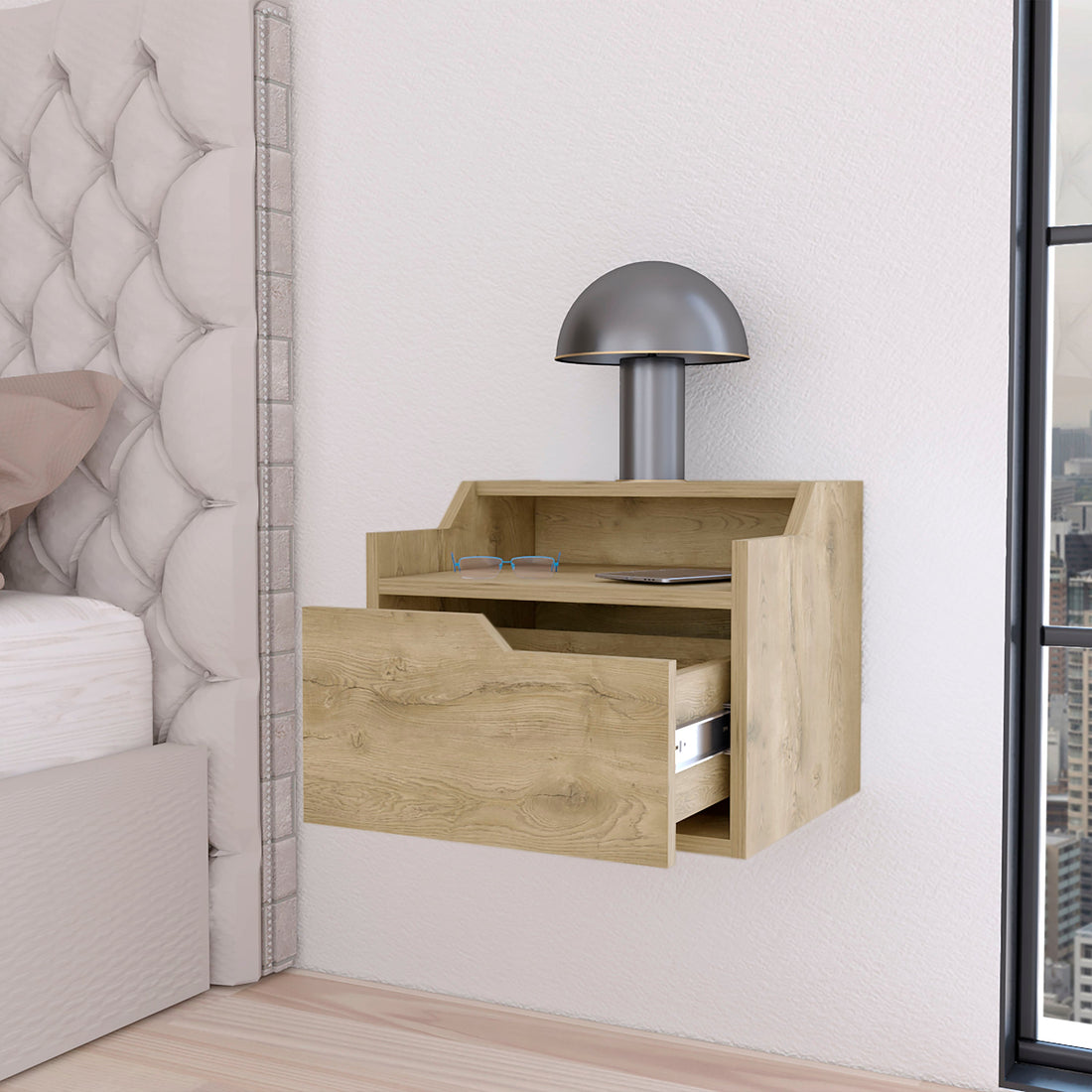 Macadamia Dual Shelf Display Nightstand Natural 1 Drawer Bedroom Floating Easy Assembly Wood