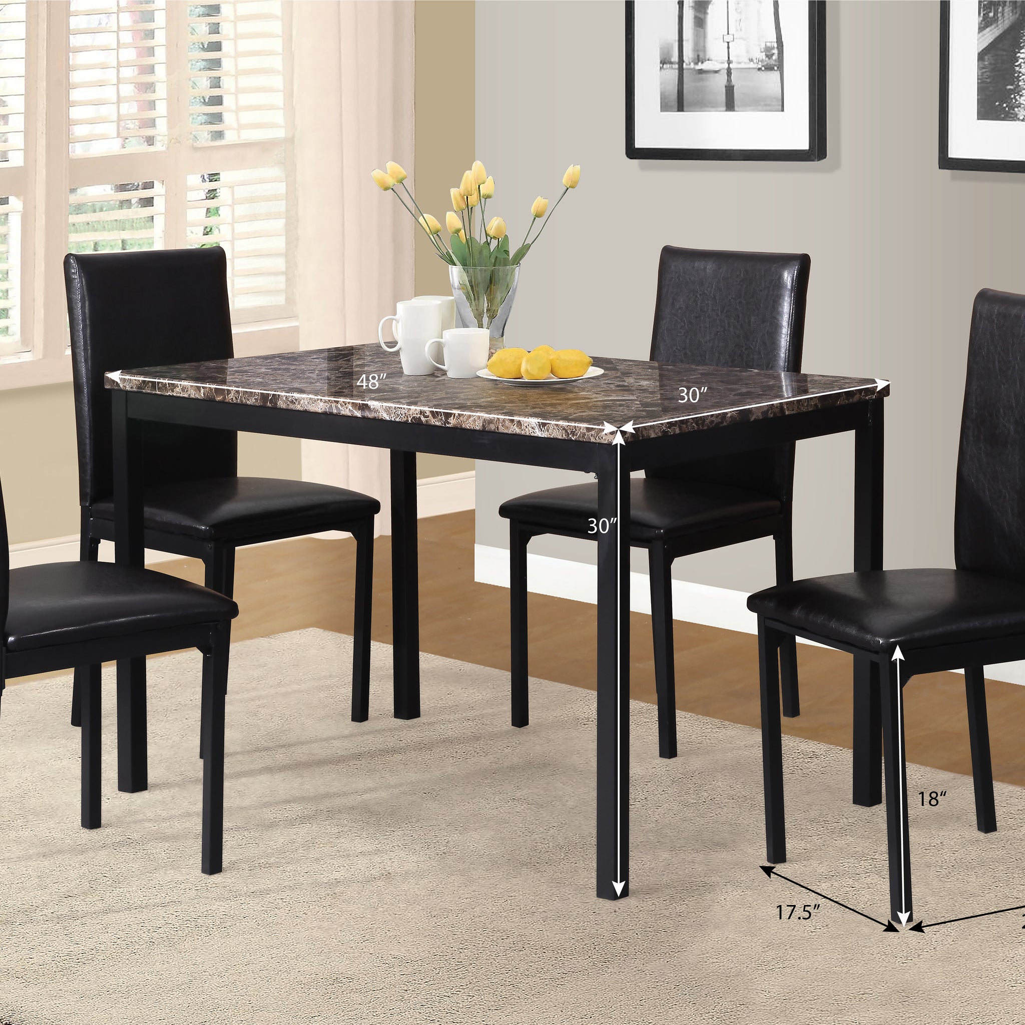 Citico 5 Piece Metal Dinette Set With Laminated Faux Marble Top, Black Metal Wood Black Seats 4 Metal Dining Room 48 Inches Fixed Table 4 Leg Rectangular Metal Dining Table With Chair Metal