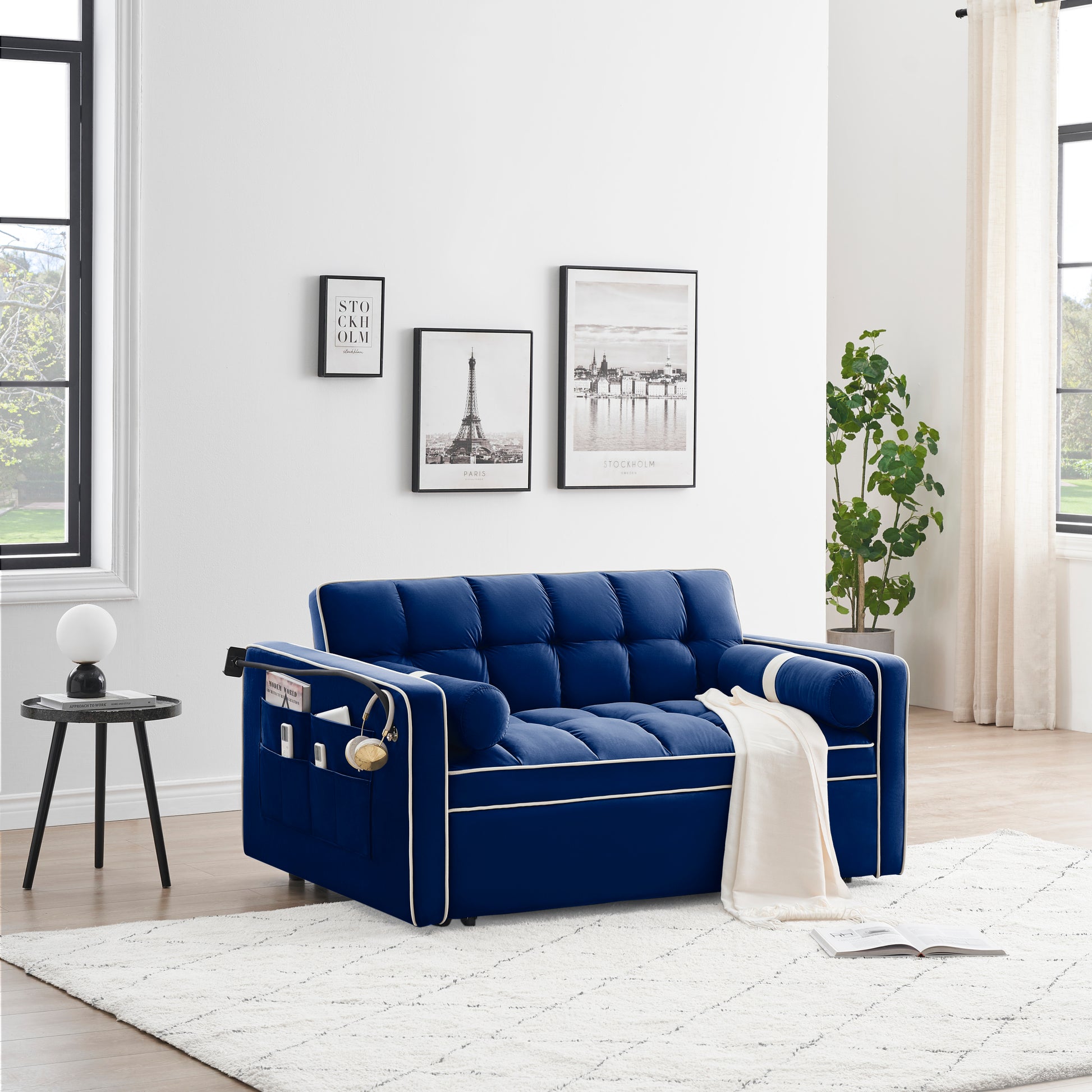 Sleeper Sofa Couch W Pull Out Bed, 55" Modern Velvet Convertible Sleeper Sofa Bed, Small Beautiful Seat Sofa Bed W Pillows & Side Pockets For Small Space, Living Room, Apartment,Blue Blue Velvet 2 Seat