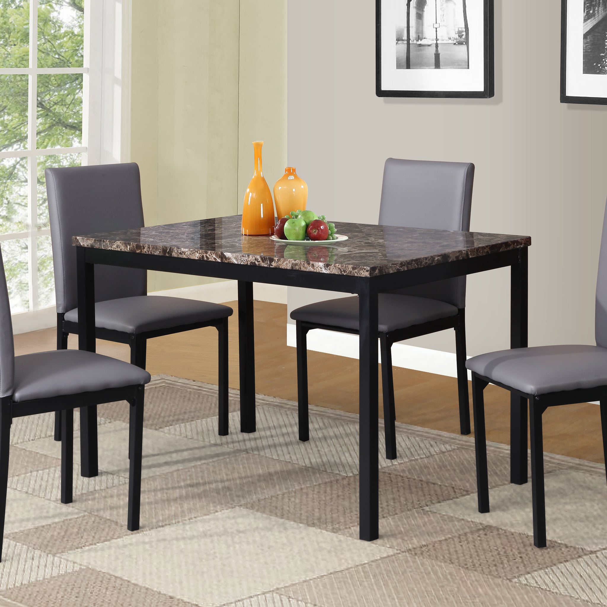 5 Piece Citico Metal Dinette Set With Laminated Faux Marble Top, Gray Upholstered Chair Gray Seats 4 Metal Dining Room 48 Inches Fixed Table Contemporary 4 Leg Rectangular Foam Dining Table With Chair Mdf Metal