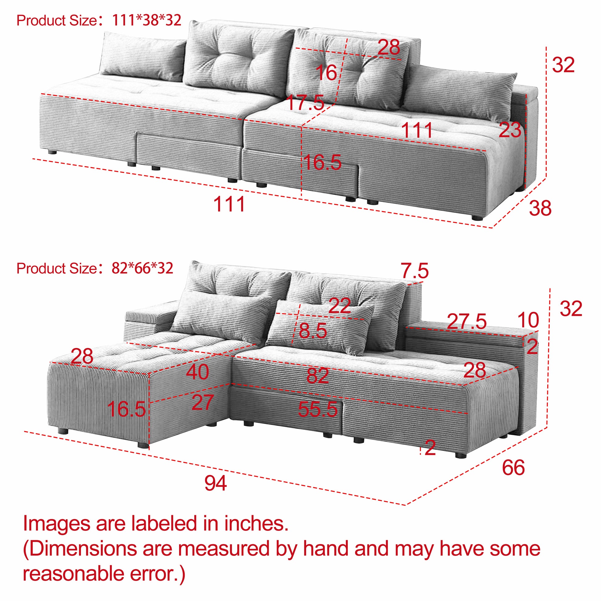 Convertible 3 In 1 Sleeper Sofa And Sectional Sofa With 4 Storage Space For Living Room,Corduroy Couch With 4 Pillows,Corduroy Grey Corduroy 3 Seat