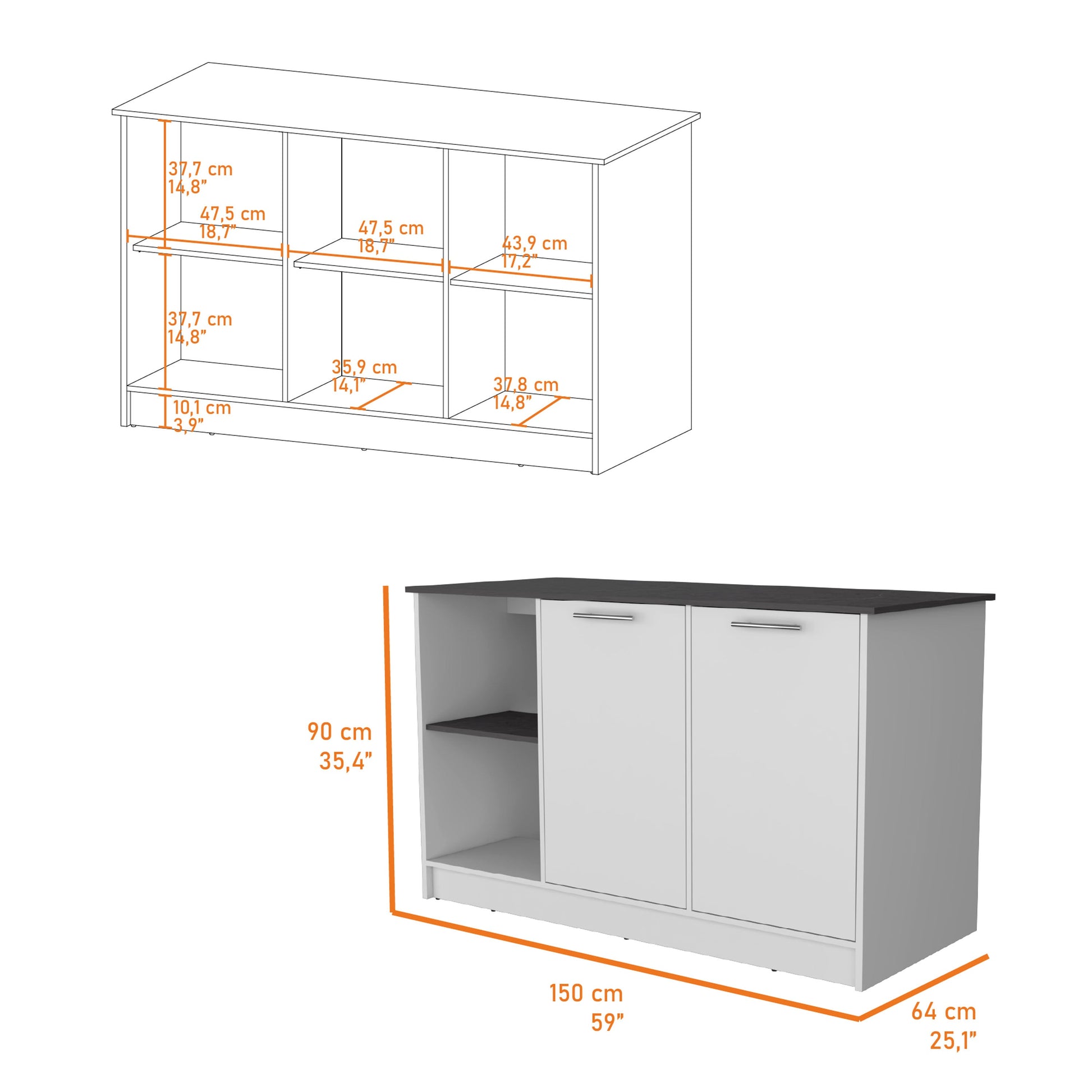 White And Onyx Double Door Cabinets Kitchen Island White Gray Kitchen Rectangular Stationary Kitchen Islands Wood Large 56 In