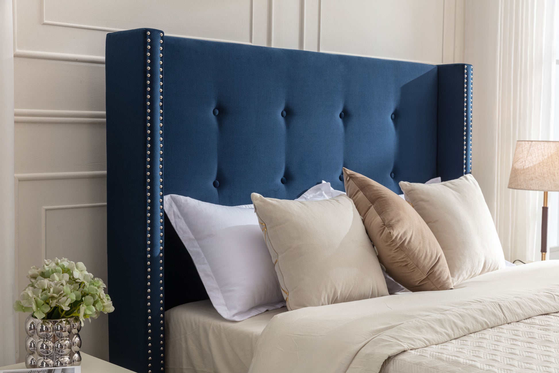 Peyton Upholstered Queen Bed 54" High Headboard Traditional Hand Buttoned Tufting Trim Wingback No Box Spring Needed Easy Assembly Blue Velvet Box Spring Not Required Queen Blue Brown Metal Bedroom Classic,European,Modern,Traditional Oak Bed Frame Foam