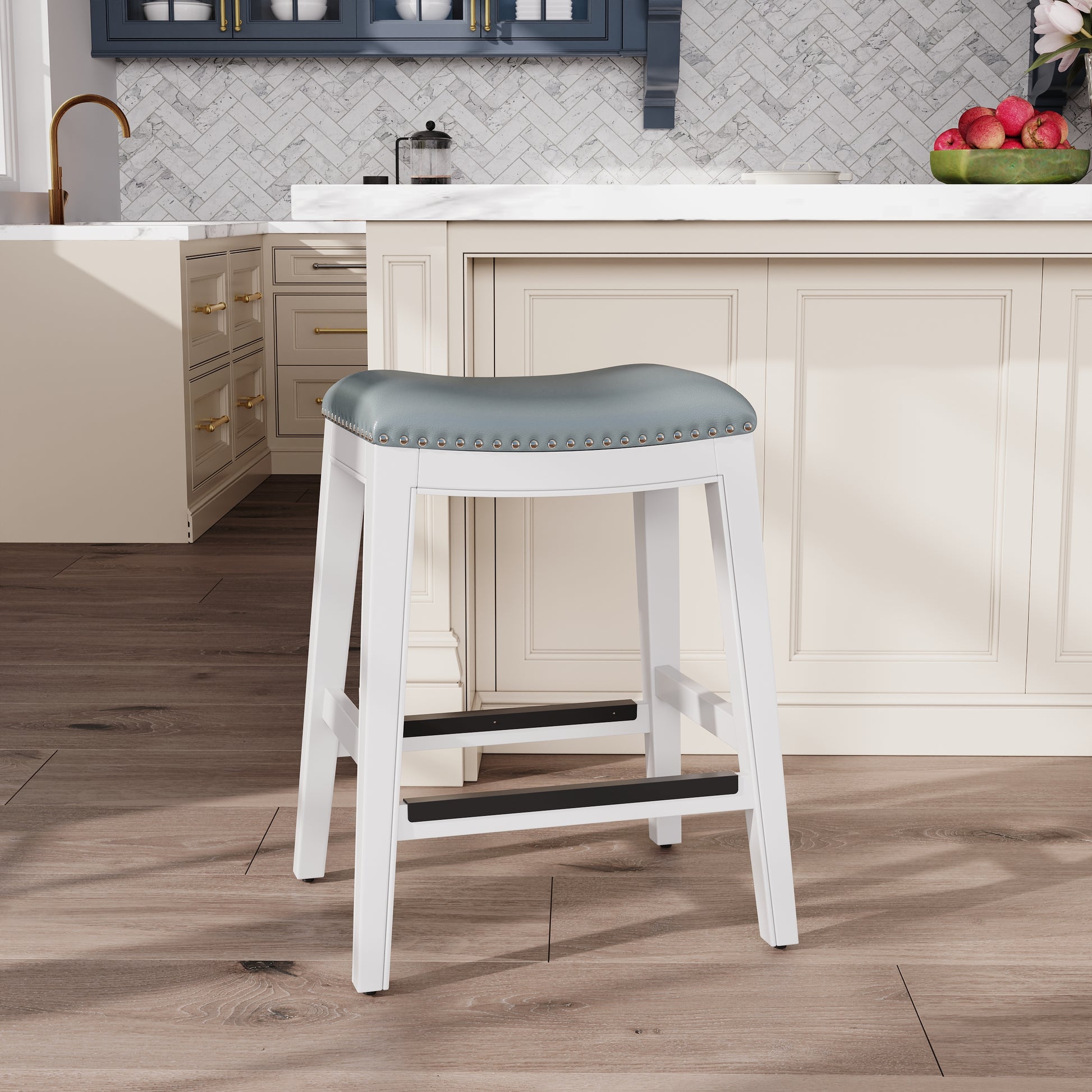 24" Counter Stool, White Finish, Gray Leather Seat White Bonded Leather