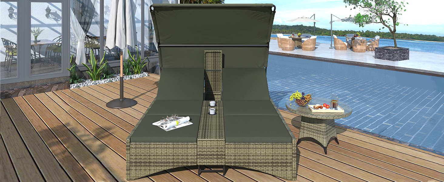 Patio Daybed Outdoor Daybed Outdoor Rattan Sun Lounger With Shelter Roof With Adjustable Backrest, Storage Box And 2 Cup Holders For Patio, Balcony, Poolside,Grey Yes Grey Seats 2 Water Resistant Frame Water Resistant Cushion Garden & Outdoor Sectional