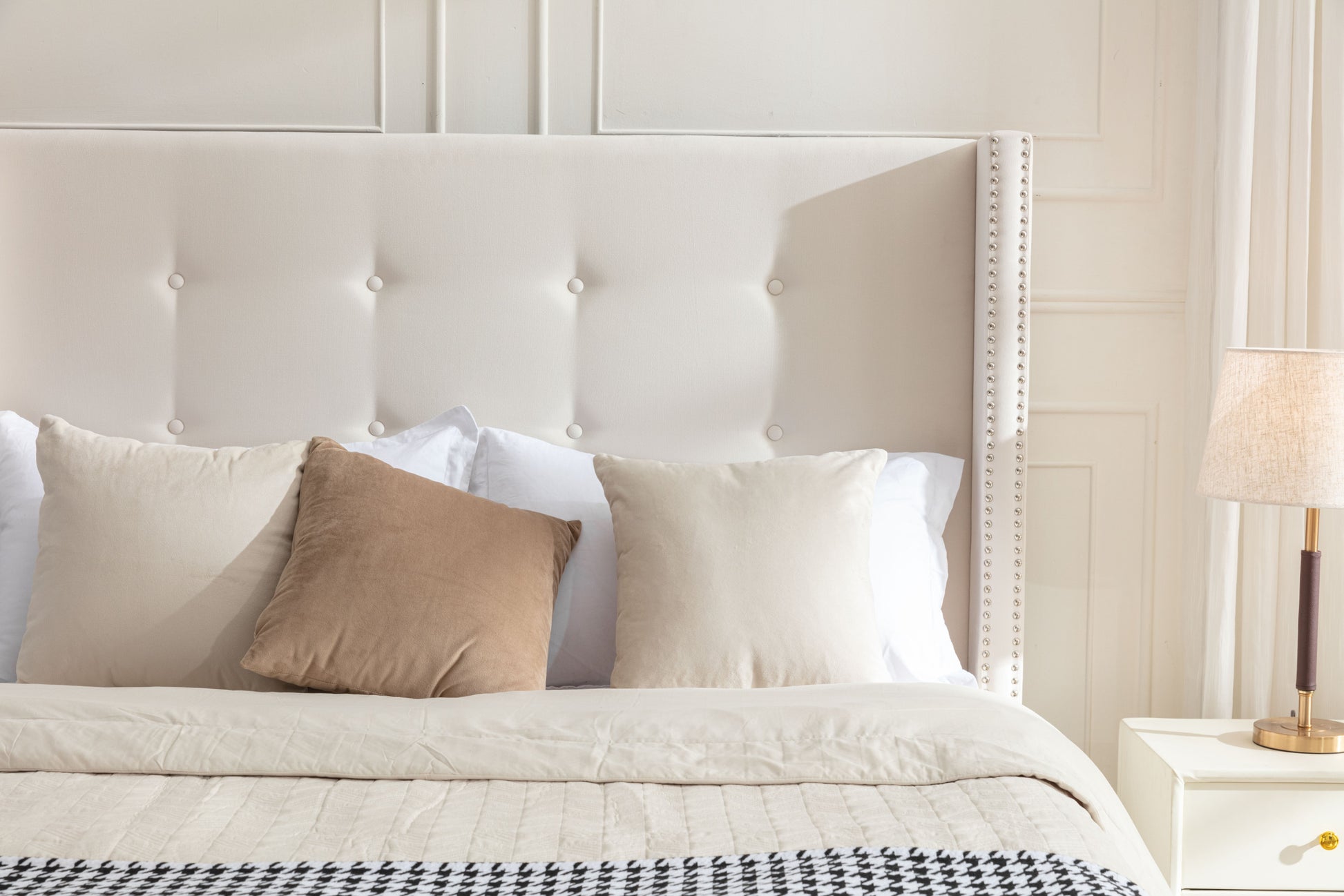 Peyton Upholstered King Bed 54" High Headboard Traditional Hand Buttoned Tufting Trim Wingback No Box Spring Needed Easy Assembly Ivory Velvet Box Spring Not Required King Ivory Brown Metal Bedroom Classic,European,Modern,Traditional Oak Bed Frame Foam