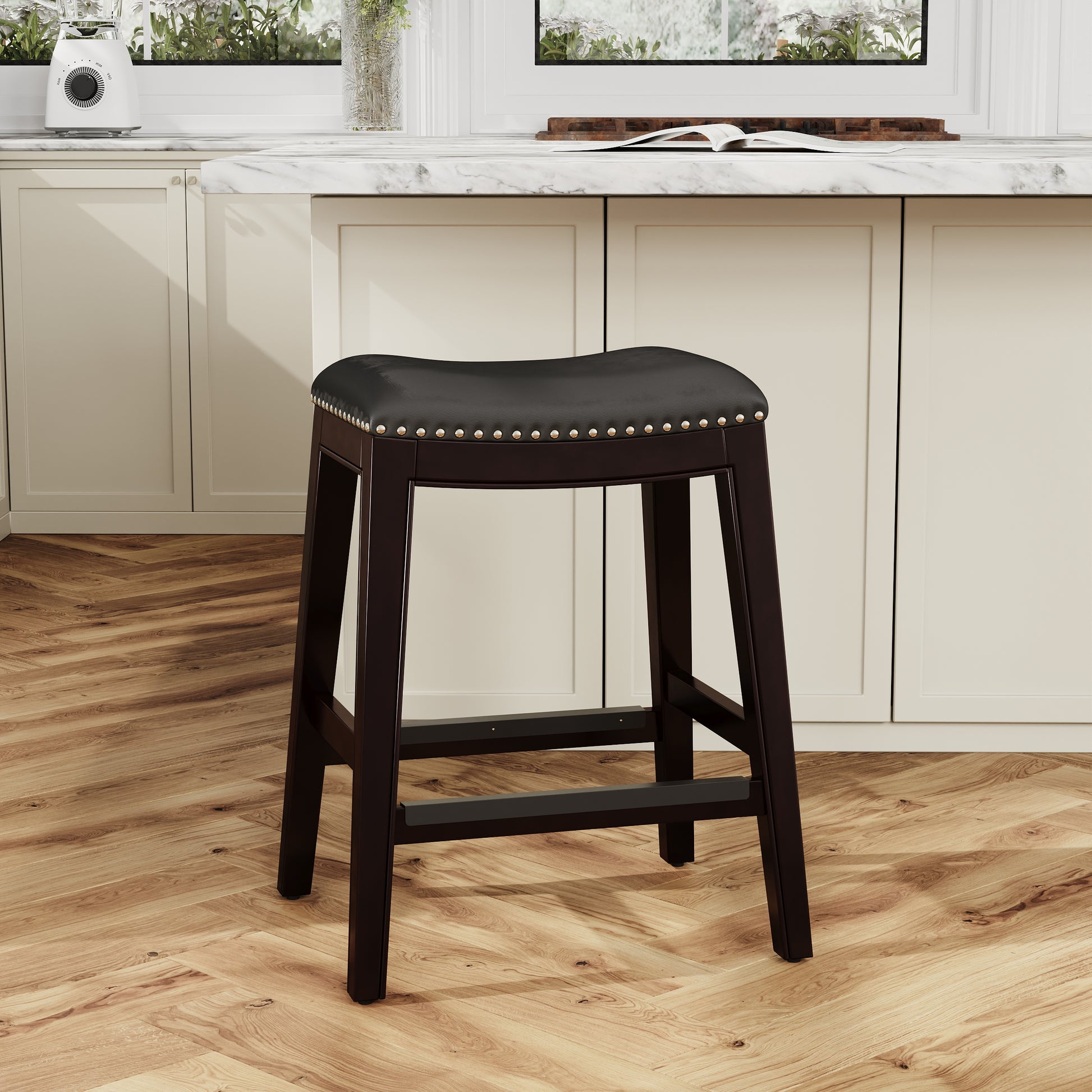 24" Counter Stool, Espresso Finish, Black Leather Seat Espresso Bonded Leather
