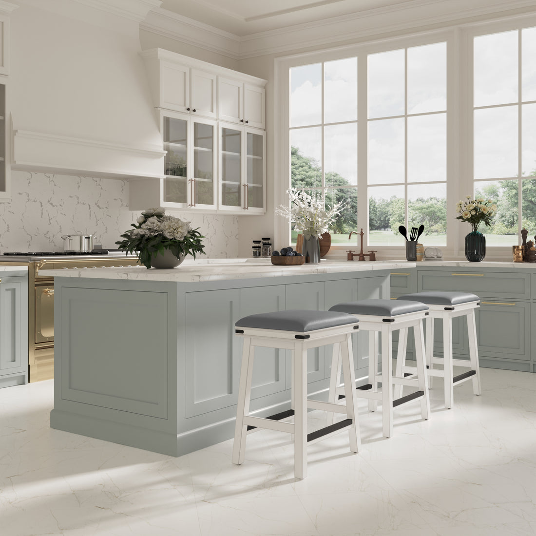 24" Counter Stool, Antique White, Gray Leather Seat Antique White Bonded Leather