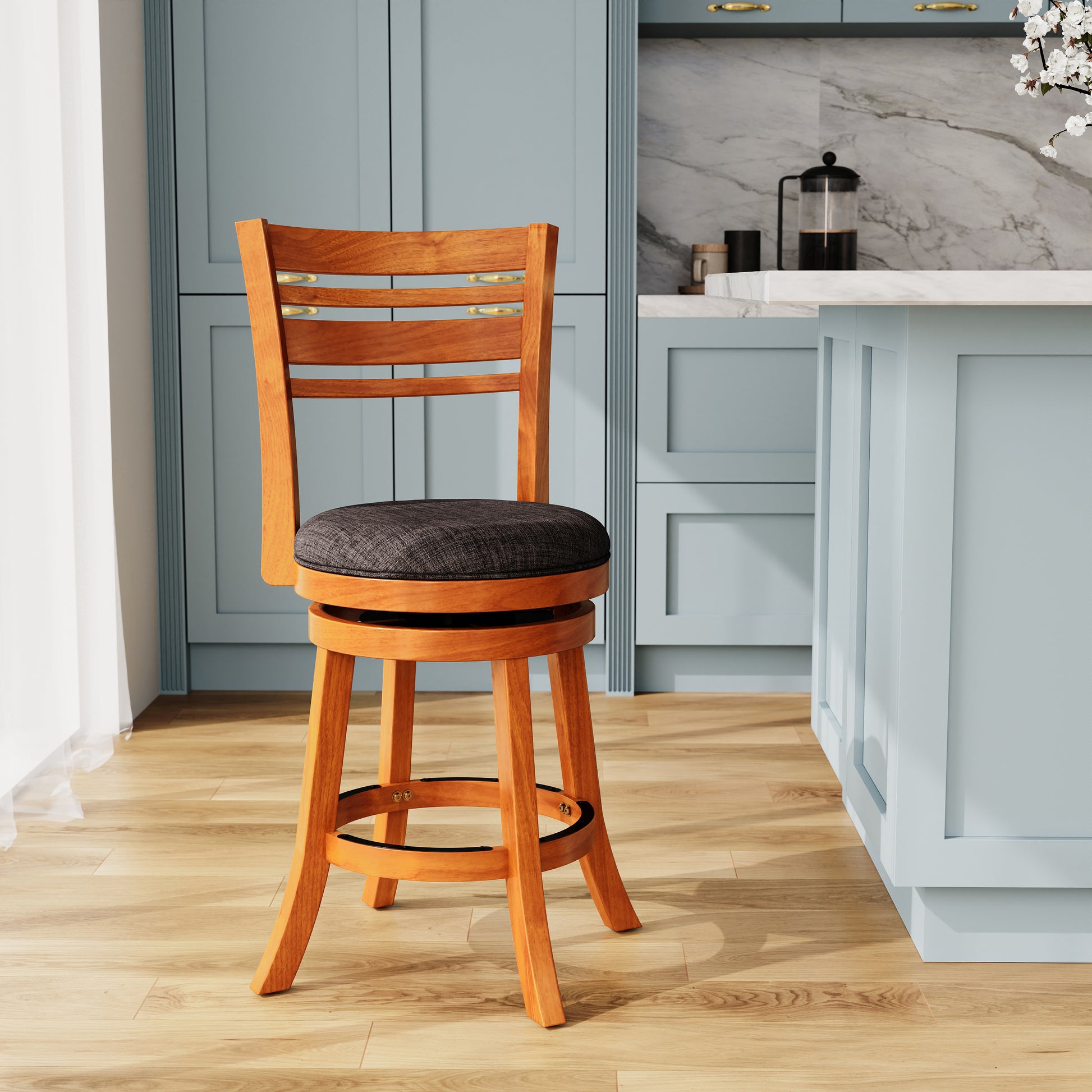 24" Counter Height Slat Back Swivel Stool, Natural Finish, Charcoal Fabric Seat Natural Fabric