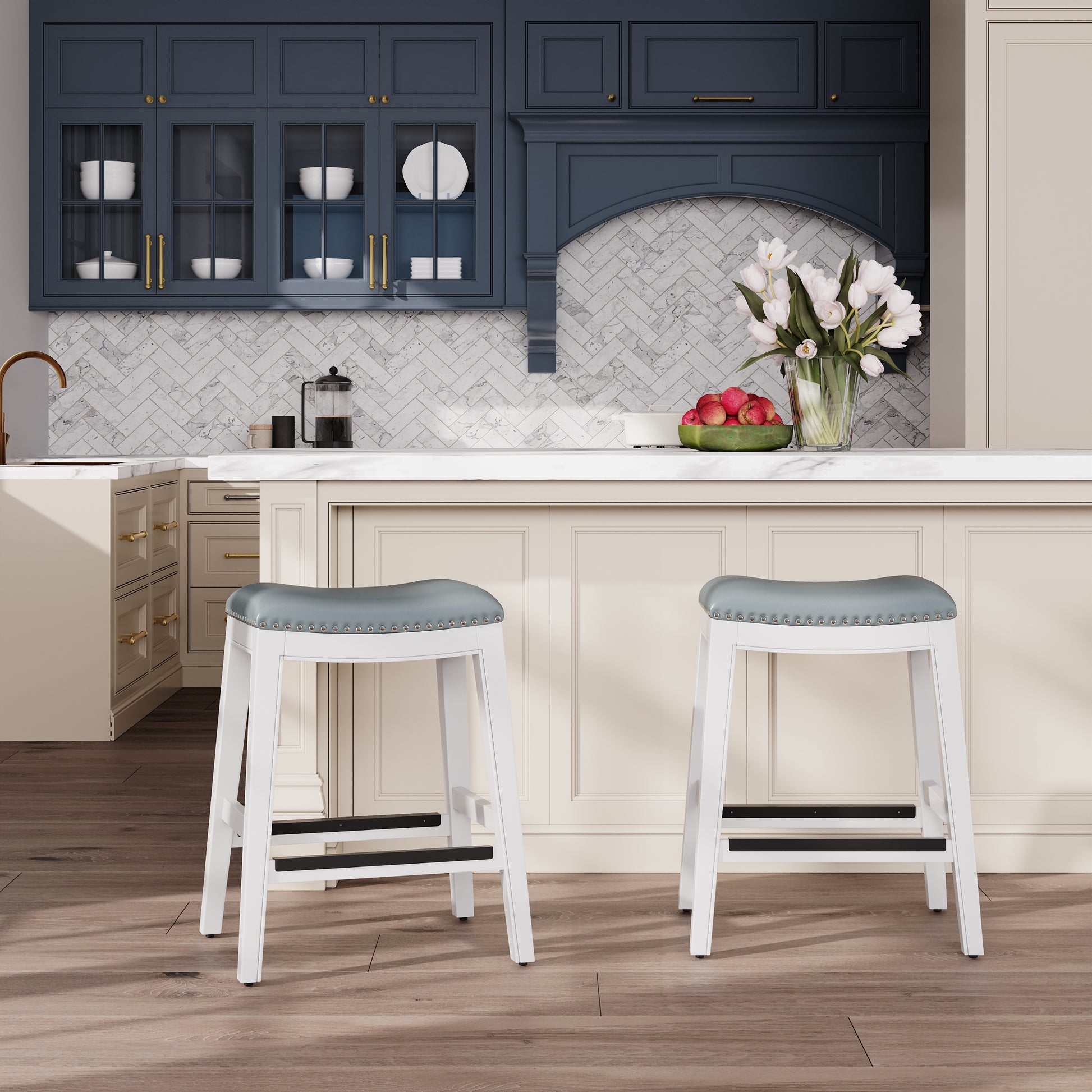 24" Counter Stool, White Finish, Gray Leather Seat White Bonded Leather