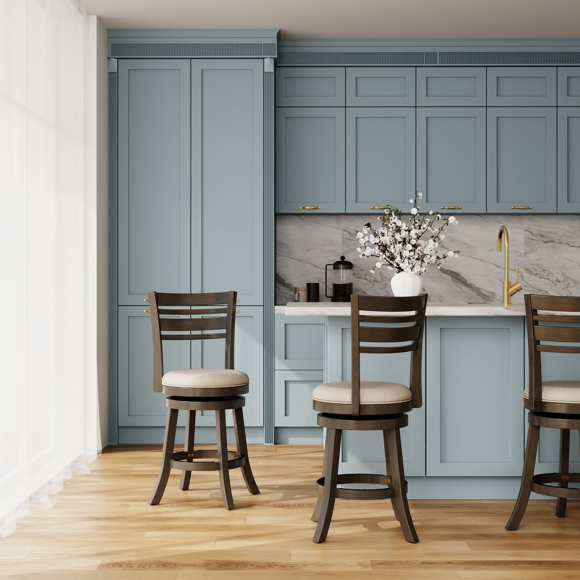 24" Counter Height Slat Back Swivel Stool, Weathered Gray Finish, Beige Fabric Seat Gray Fabric