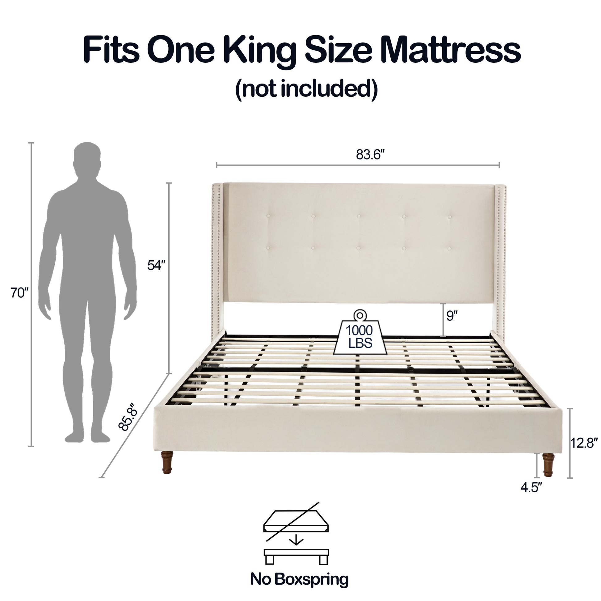 Peyton Upholstered King Bed 54" High Headboard Traditional Hand Buttoned Tufting Trim Wingback No Box Spring Needed Easy Assembly Ivory Velvet Box Spring Not Required King Ivory Brown Metal Bedroom Classic,European,Modern,Traditional Oak Bed Frame Foam