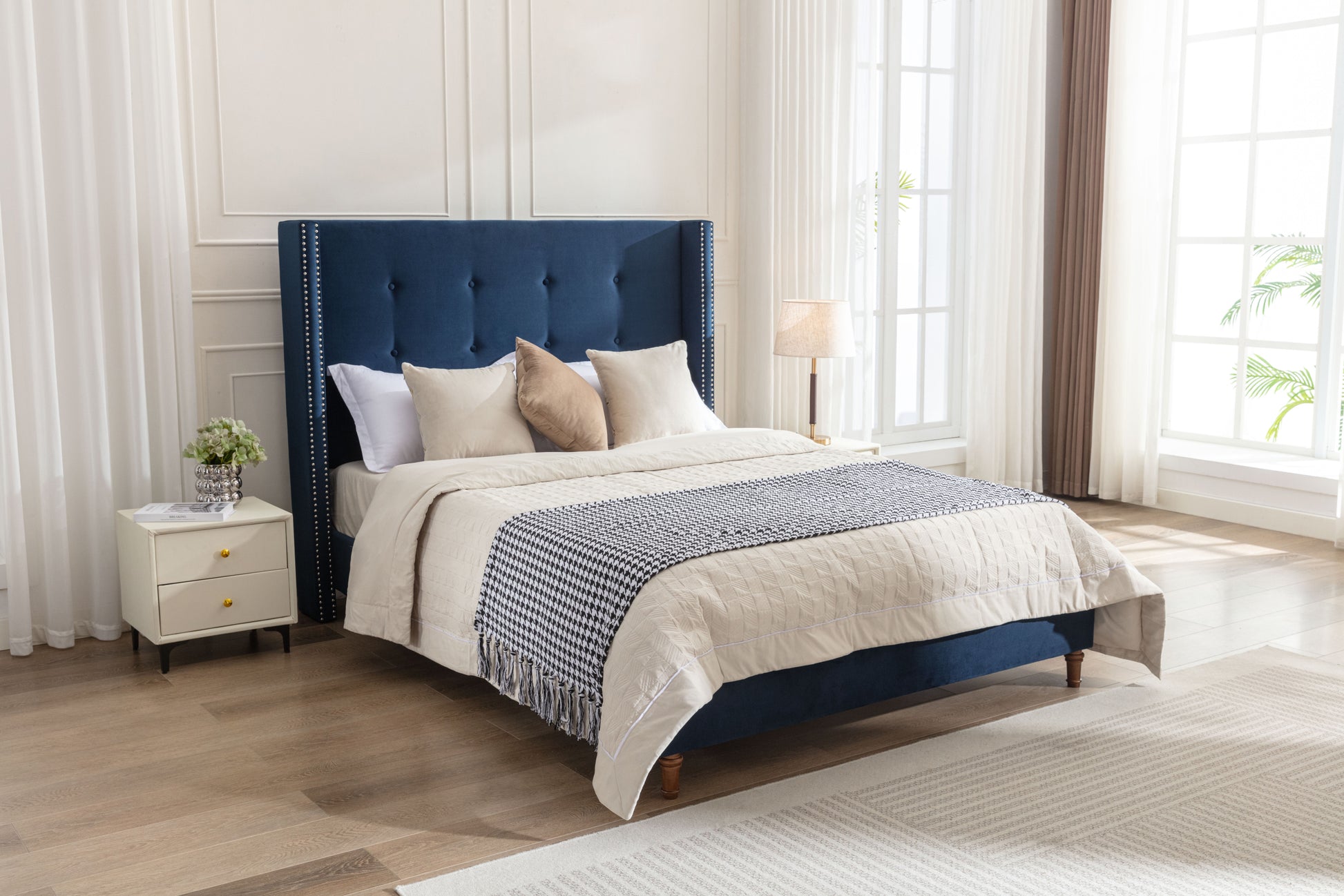 Peyton Upholstered Queen Bed 54" High Headboard Traditional Hand Buttoned Tufting Trim Wingback No Box Spring Needed Easy Assembly Blue Velvet Box Spring Not Required Queen Blue Brown Metal Bedroom Classic,European,Modern,Traditional Oak Bed Frame Foam
