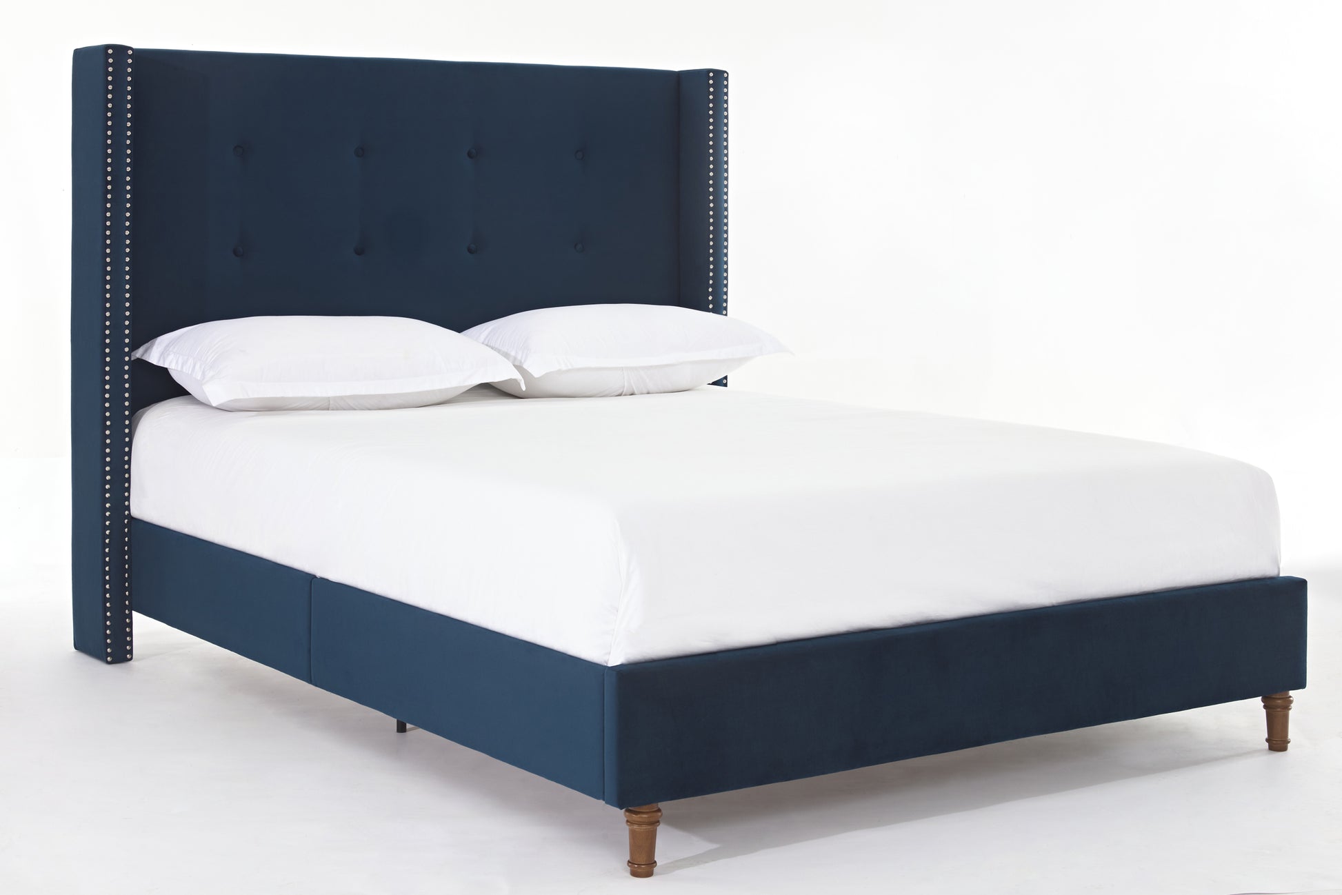 Peyton Upholstered Queen Bed 54" High Headboard Traditional Hand Buttoned Tufting Trim Wingback No Box Spring Needed Easy Assembly Blue Velvet Box Spring Not Required Queen Blue Brown Metal Bedroom Classic,European,Modern,Traditional Oak Bed Frame Foam