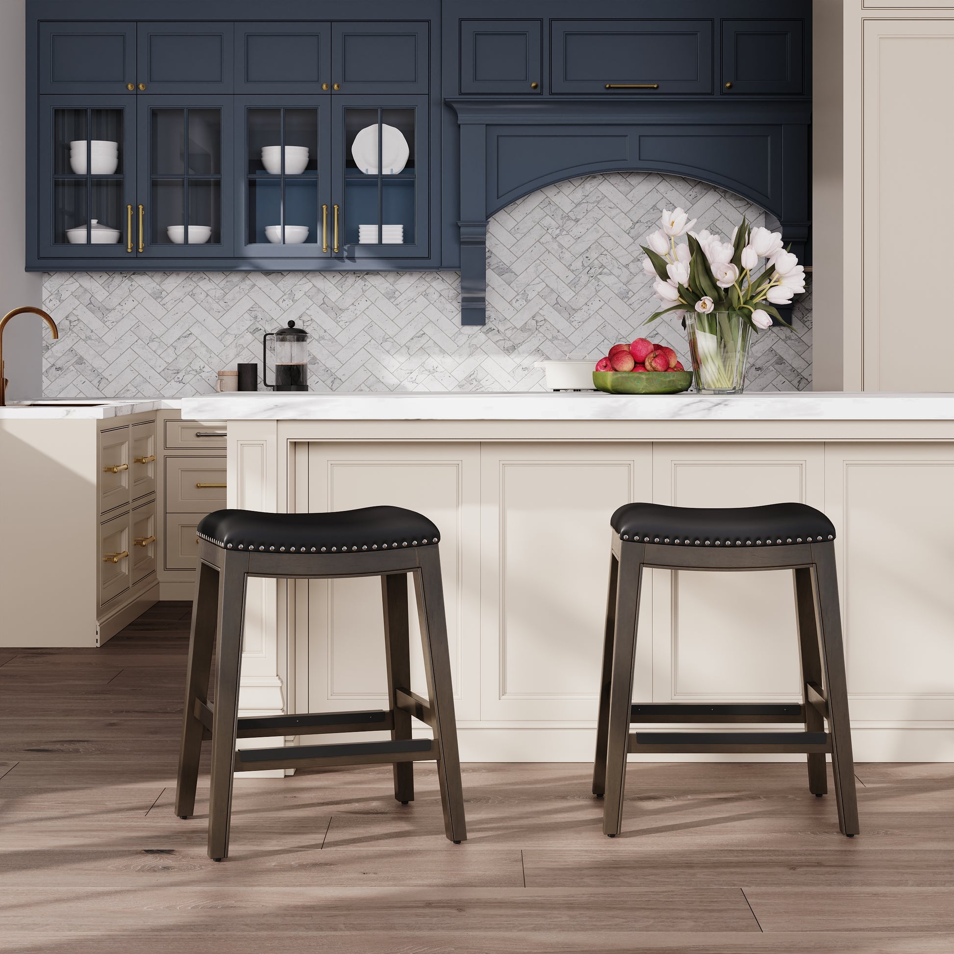 24" Counter Height Saddle Stool, Weathered Gray Finish, Black Leather Seat Gray Polyester Bonded Leather