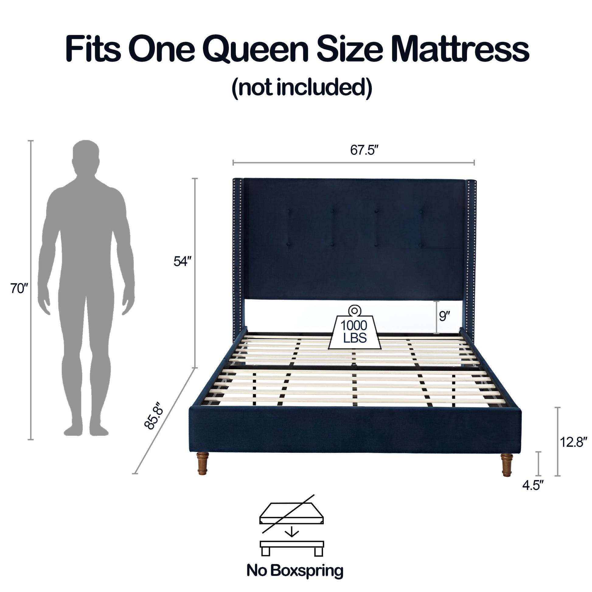 Peyton Upholstered Queen Bed 54" High Headboard Traditional Hand Buttoned Tufting Trim Wingback No Box Spring Needed Easy Assembly Blue Velvet Box Spring Not Required Queen Blue Brown Metal Bedroom Classic,European,Modern,Traditional Oak Bed Frame Foam