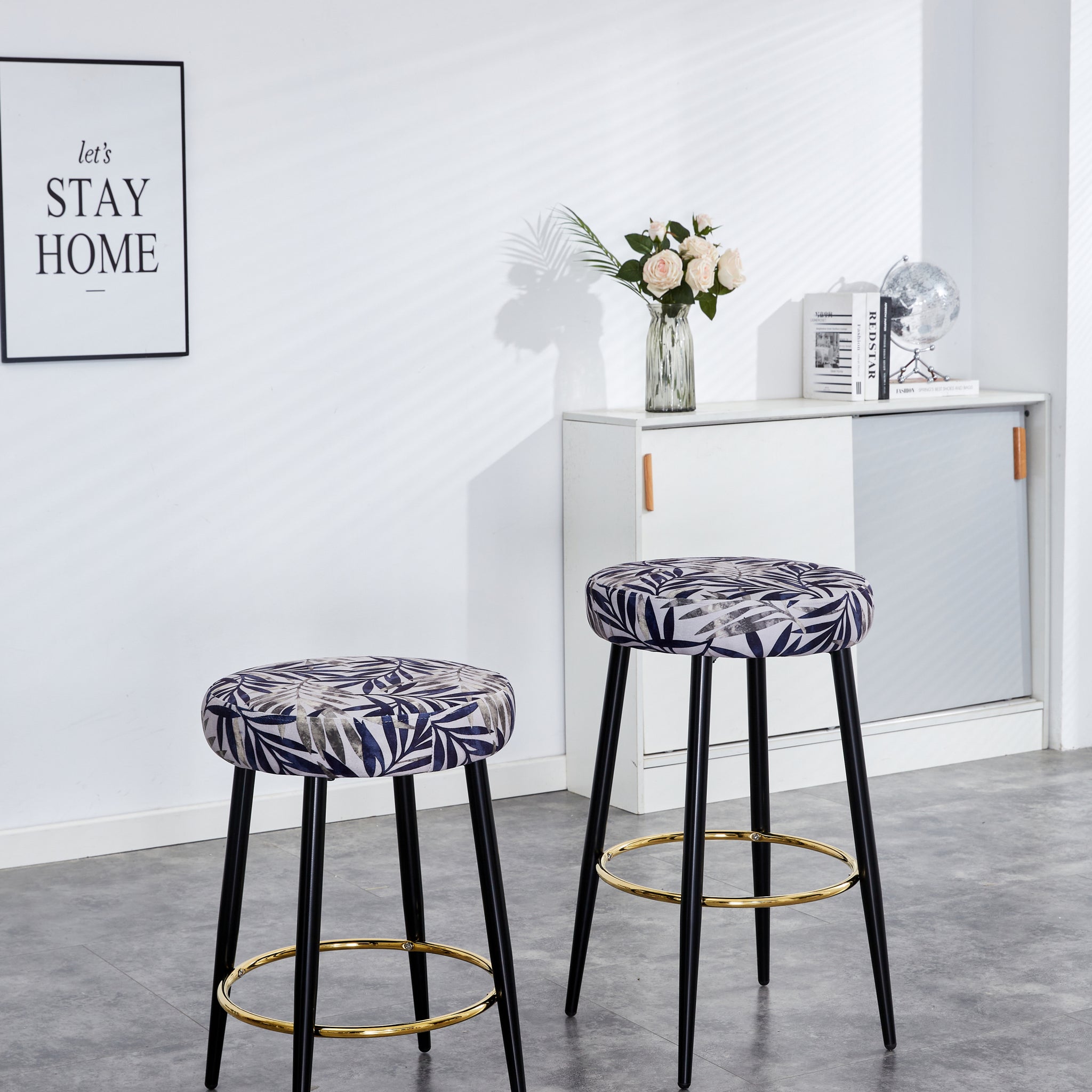 Counter Height Bar Stools Set Of 2, Pu Kitchen Stools Upholstered Dining Chair Stools 24 Inches Height With Golden Footrest For Kitchen Island Coffee Shop Bar Home Balcony Silver Leaves Velvet Cushion Alloy Steel Black And Silver Kitchen Foam Dry Clean