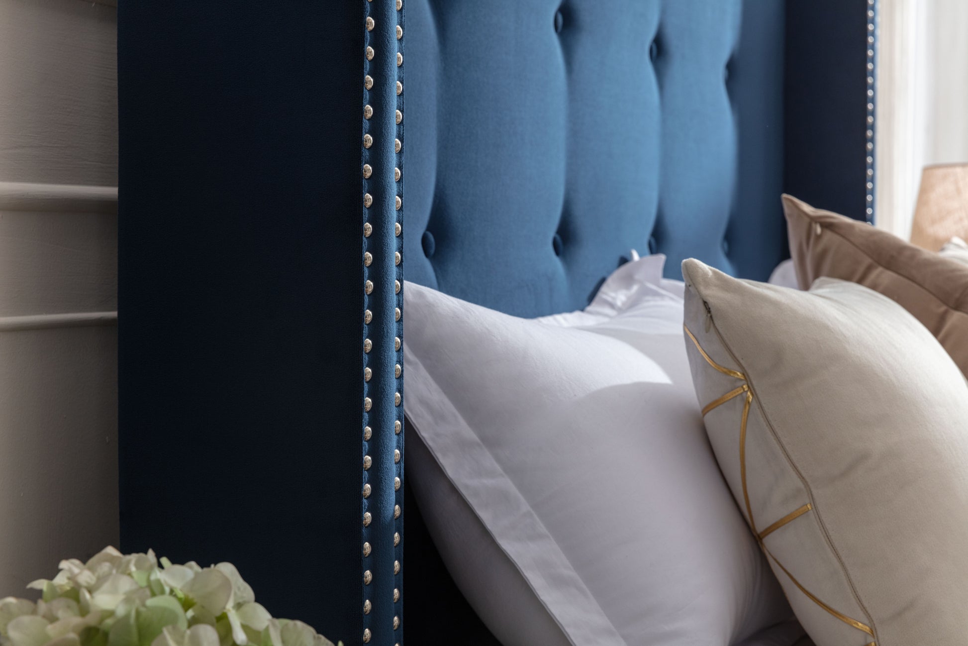 Peyton Upholstered Queen Bed 54" High Headboard Traditional Hand Buttoned Tufting Trim Wingback No Box Spring Needed Easy Assembly Blue Velvet Box Spring Not Required Queen Blue Brown Metal Bedroom Classic,European,Modern,Traditional Oak Bed Frame Foam