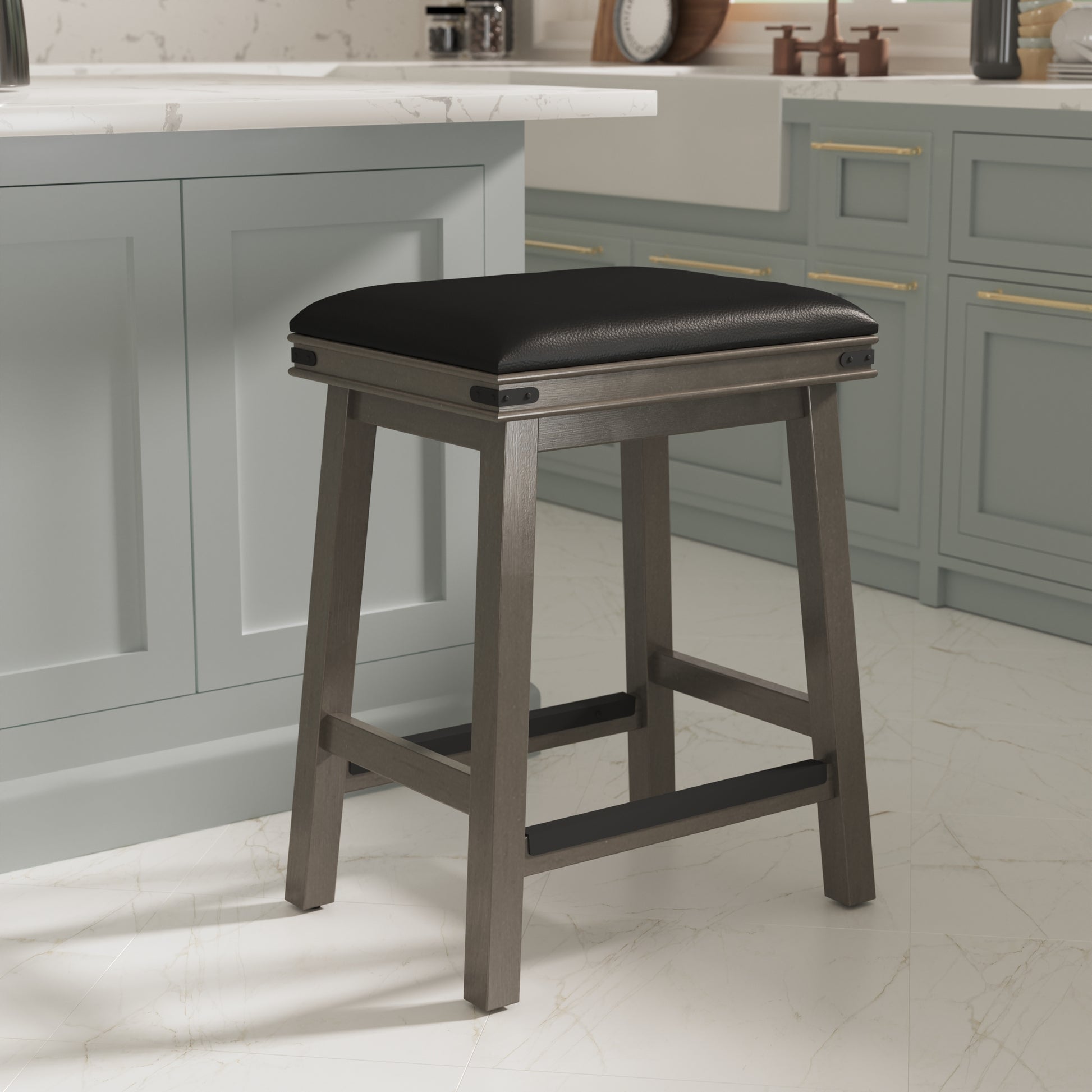 24" Counter Stool, Weathered Gray Finish, Black Leather Seat Gray Bonded Leather