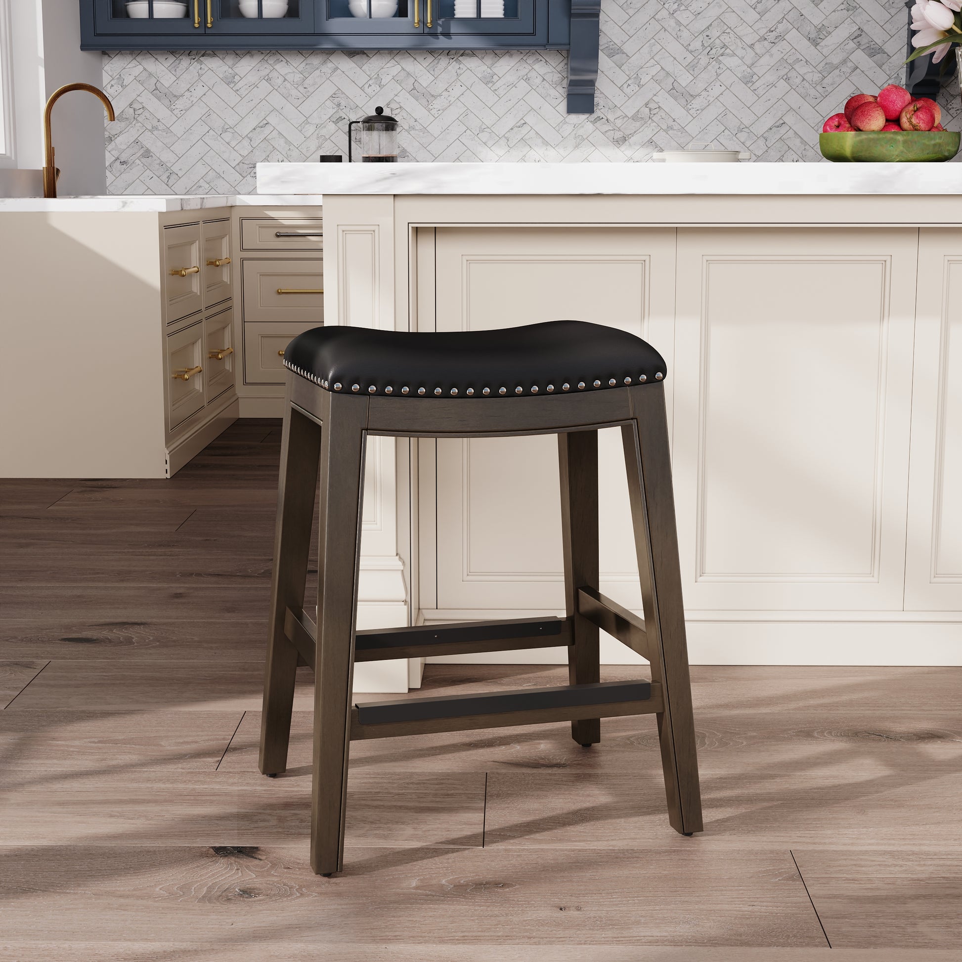 24" Counter Height Saddle Stool, Weathered Gray Finish, Black Leather Seat Gray Polyester Bonded Leather