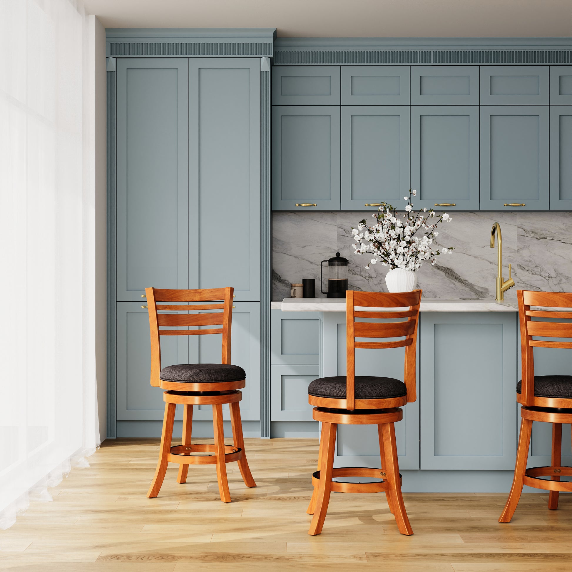 24" Counter Height Slat Back Swivel Stool, Natural Finish, Charcoal Fabric Seat Natural Fabric