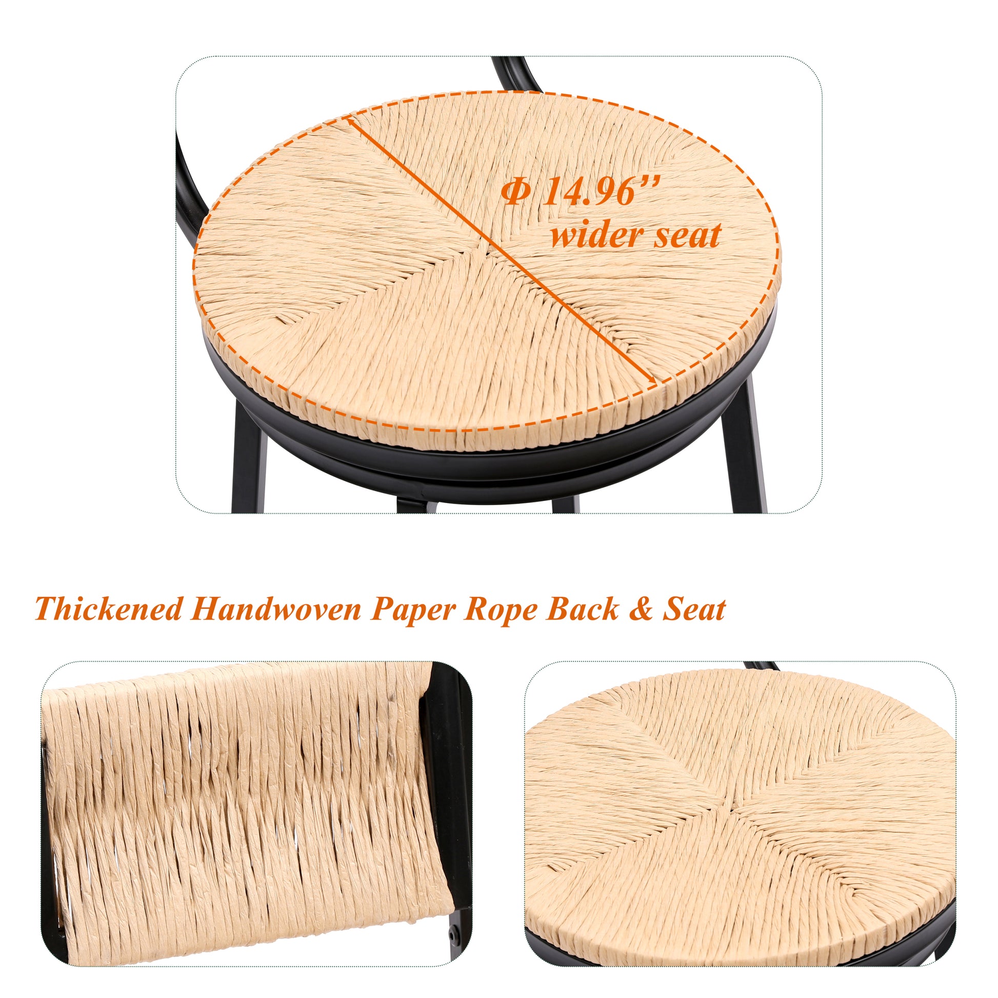 Honey Swivel Bar Stools Paper Rope Handwoven Barstools With Back Set Of 2 Rustic Round Counter Chairs For Dining Room, Kitchen Island Honey Metal Honey Dining Room Powder Coated Round Dry Clean Farmhouse Bar Stools Set Of 2 Paper Rope