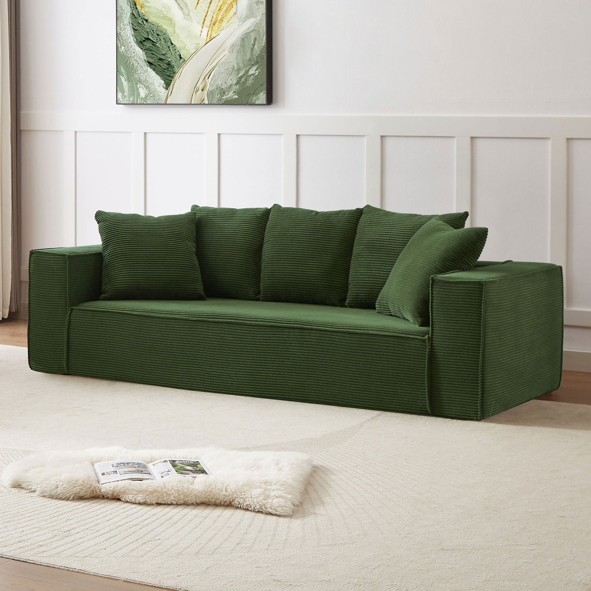 88.97Inch Corduroy Sofa With 5 Matching Toss Pillows, Sleek Design, Spacious And Comfortable 3 Seater Couch For Modern Living Room,Green. Green Corduroy 3 Seat