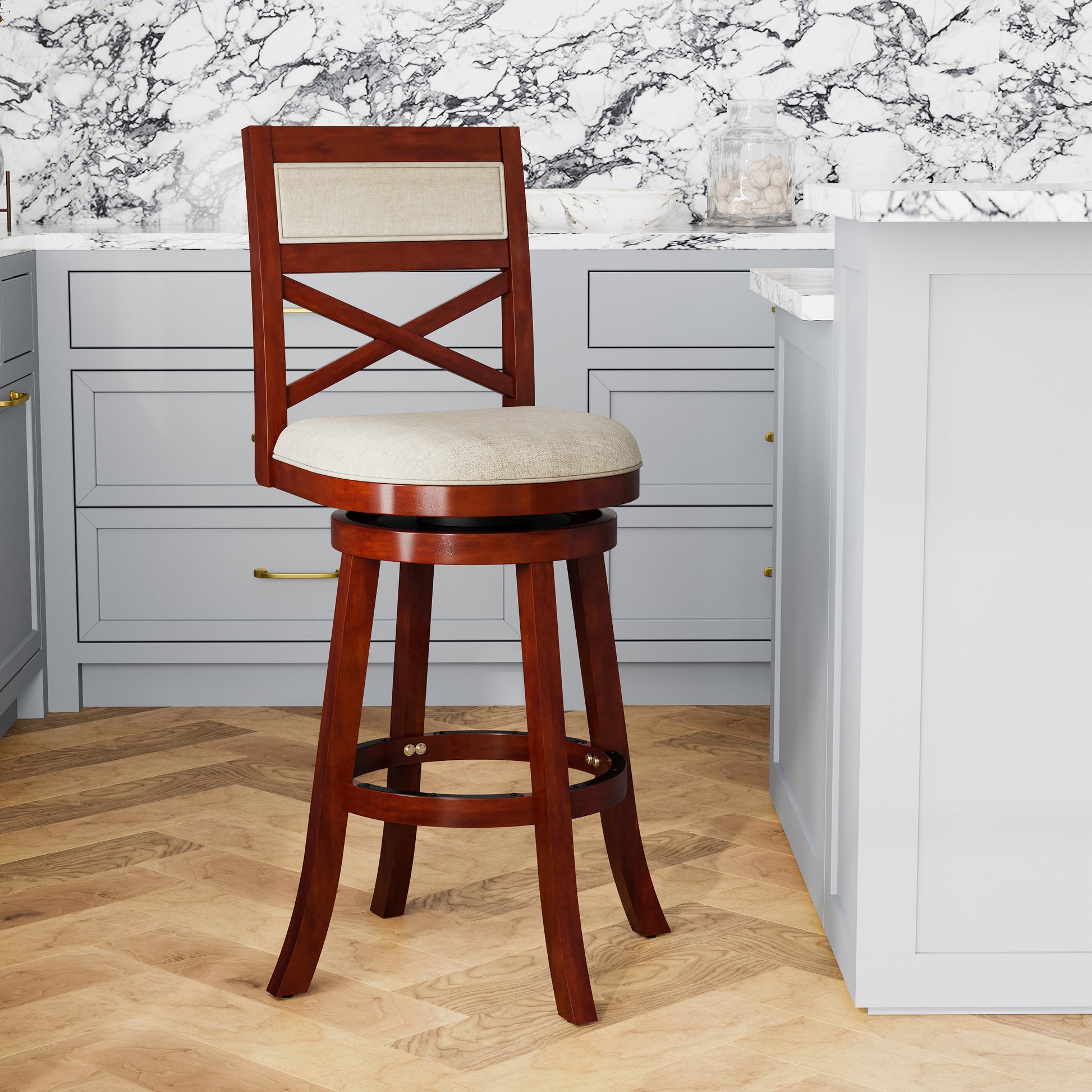 30" Bar Height X Back Swivel Stool, Cherry Finish, Beige Fabric Seat Cherry Fabric