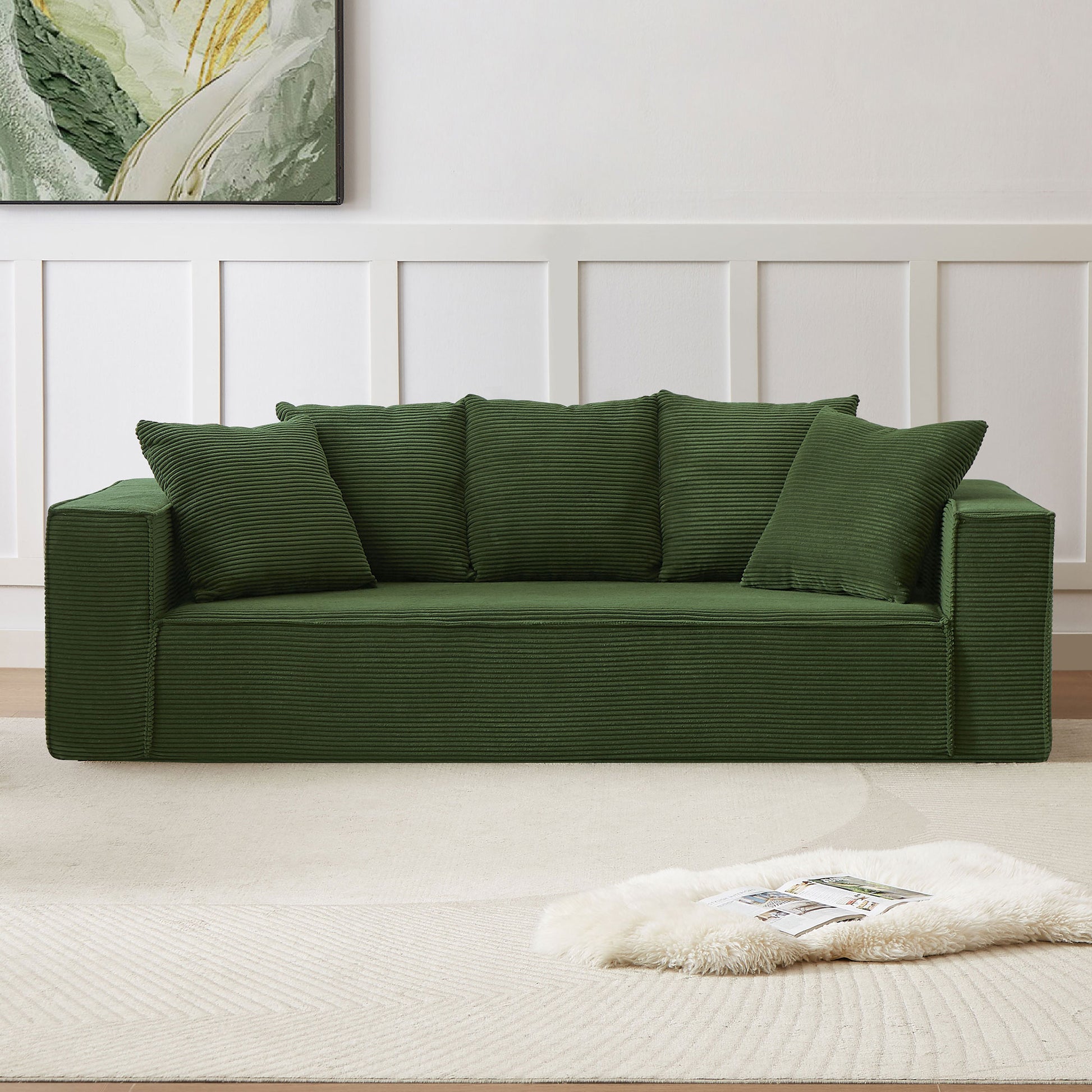 88.97Inch Corduroy Sofa With 5 Matching Toss Pillows, Sleek Design, Spacious And Comfortable 3 Seater Couch For Modern Living Room,Green. Green Corduroy 3 Seat