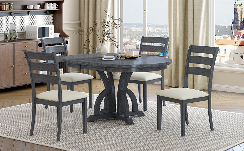 5 Piece Farmhouse Round Pedestal Extending Dining Table Set Extendable Kitchen Table Set With 15.8" Removable Leaf And Ladder Back Dining Chairs For Small Places, Black Wood Dining Room Extendable Rubberwood Oval Dining Table With Chair Upholstered Chair