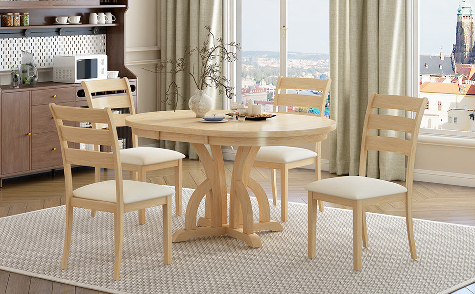 5 Piece Farmhouse Round Pedestal Extending Dining Table Set Extendable Kitchen Table Set With 15.8" Removable Leaf And Ladder Back Dining Chairs For Small Places, Natural Wood Dining Room Extendable Rubberwood Oval Dining Table With Chair Upholstered