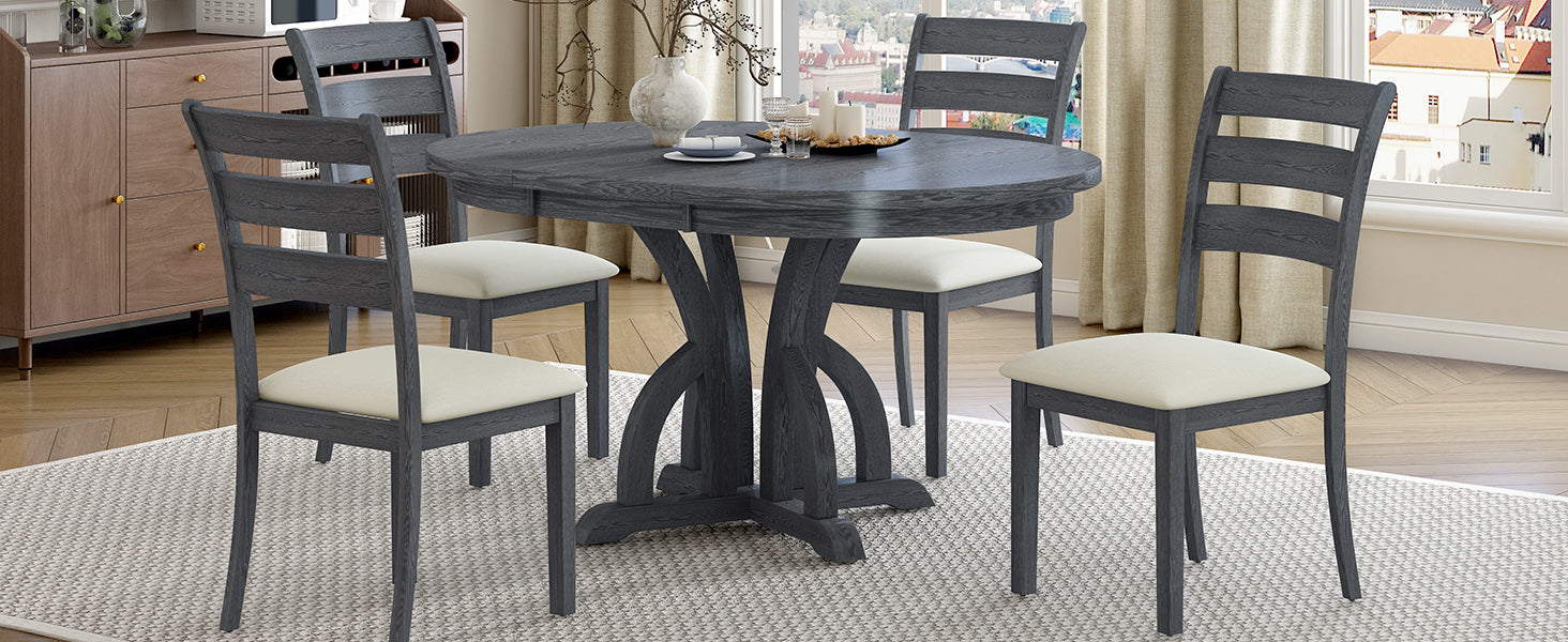 5 Piece Farmhouse Round Pedestal Extending Dining Table Set Extendable Kitchen Table Set With 15.8" Removable Leaf And Ladder Back Dining Chairs For Small Places, Black Wood Dining Room Extendable Rubberwood Oval Dining Table With Chair Upholstered Chair