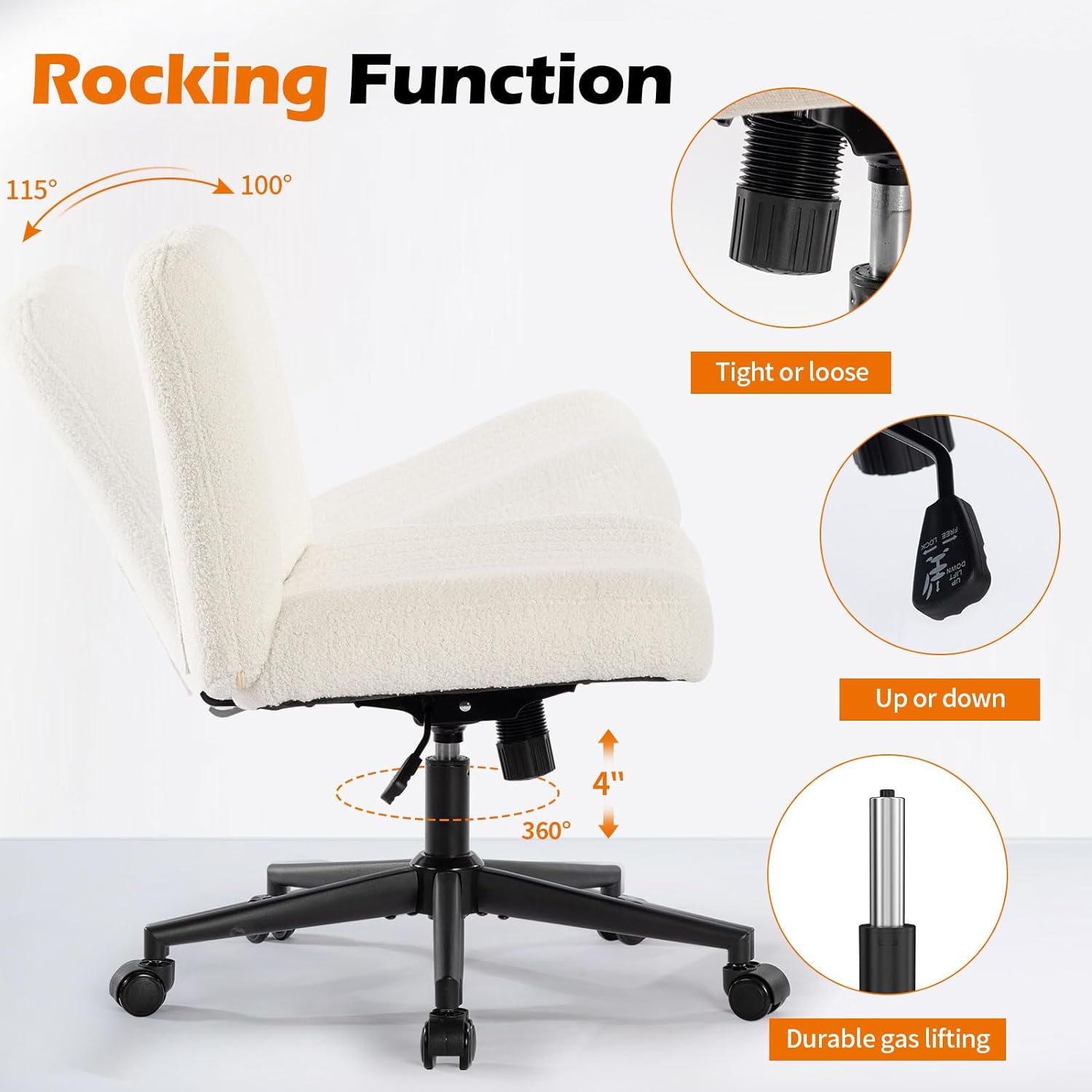 Office Chair With Wheels, Armless Office Chair, Teddy Velvet Wide Seat Home Office Chair, Cute Computer Chair With 15 Swing Backrest, Suitable For Bedrooms And Dressing Tables Wood White Handle