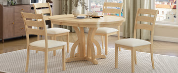 5 Piece Farmhouse Round Pedestal Extending Dining Table Set Extendable Kitchen Table Set With 15.8" Removable Leaf And Ladder Back Dining Chairs For Small Places, Natural Wood Dining Room Extendable Rubberwood Oval Dining Table With Chair Upholstered