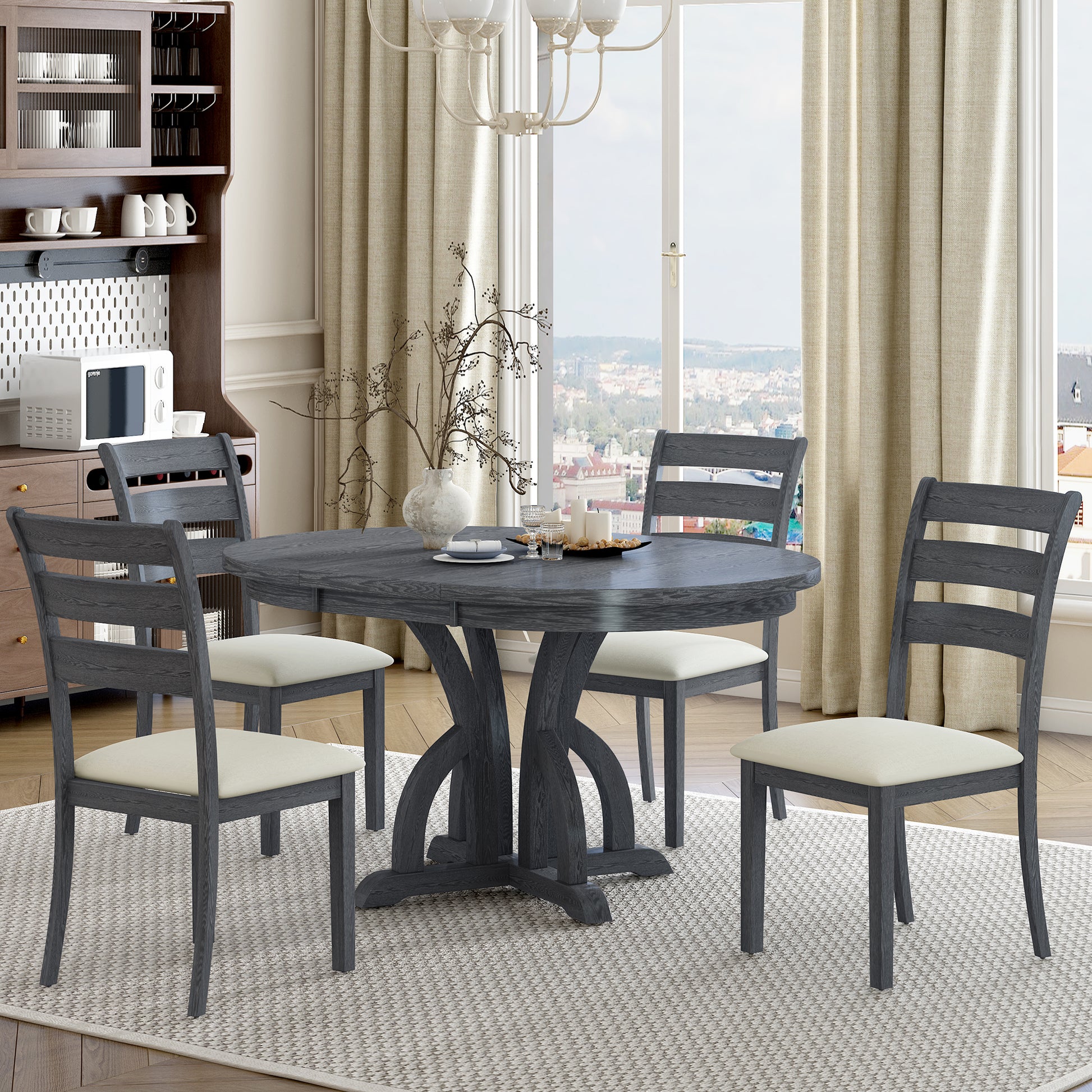 5 Piece Farmhouse Round Pedestal Extending Dining Table Set Extendable Kitchen Table Set With 15.8" Removable Leaf And Ladder Back Dining Chairs For Small Places, Black Wood Dining Room Extendable Rubberwood Oval Dining Table With Chair Upholstered Chair