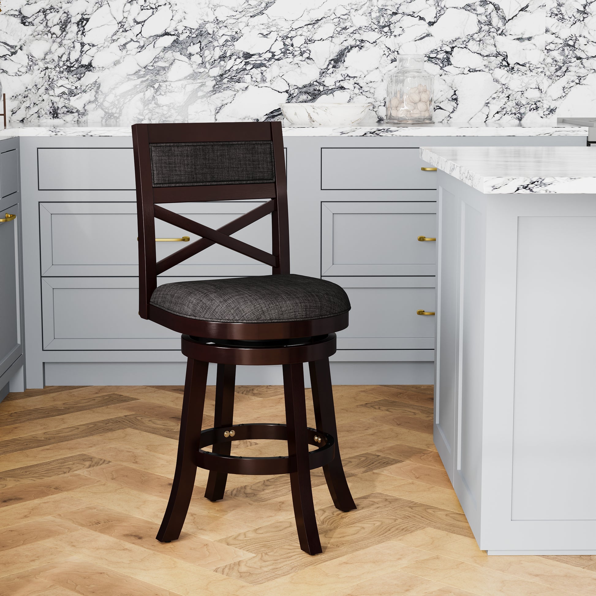 24" Counter Height X Back Swivel Stool, Espresso Finish, Charcoal Fabric Seat Espresso Fabric