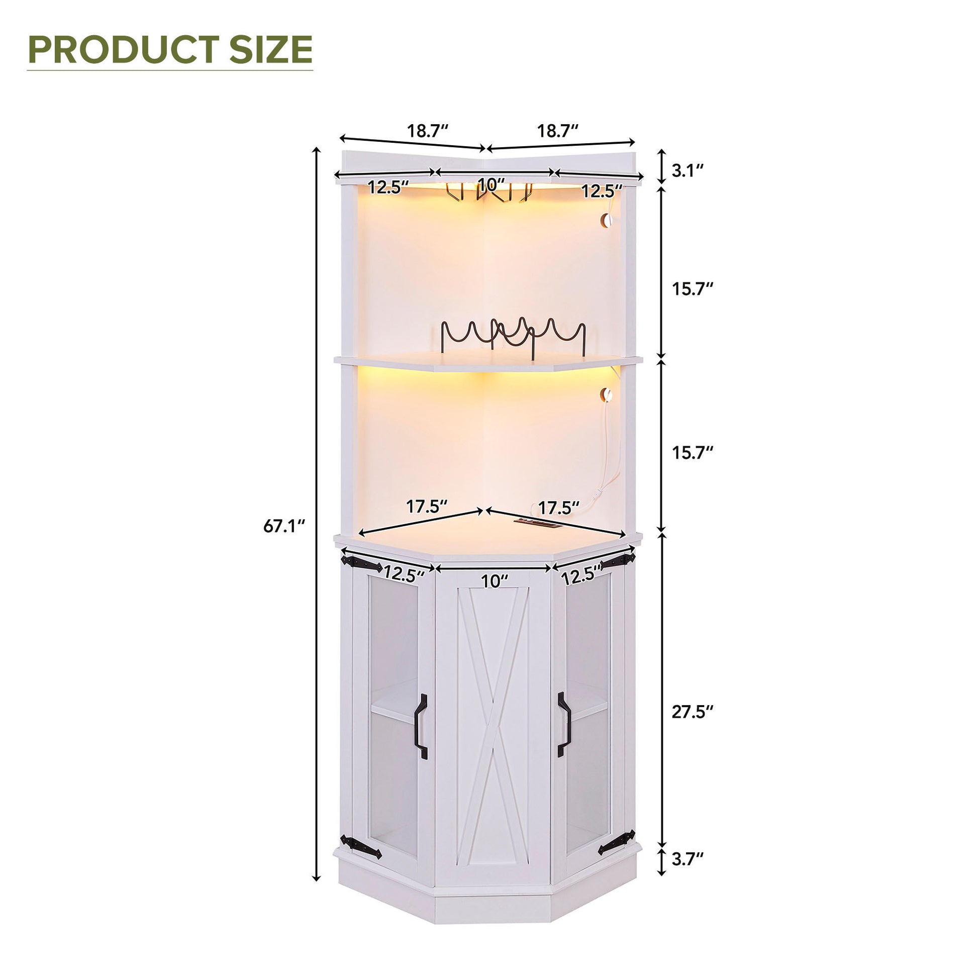 67.7" Corner Bar Cabinet With Power Outlet, Farmhouse Wine Bar Cabinet With Adjustable Shelves For Home,With Lights & Glass Rack For Dining Room, Living Room, Kitchen White Dining Room Classic Mdf