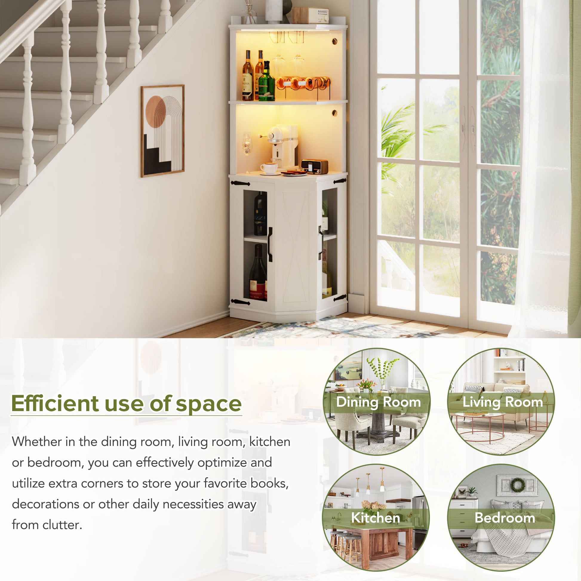 67.7" Corner Bar Cabinet With Power Outlet, Farmhouse Wine Bar Cabinet With Adjustable Shelves For Home,With Lights & Glass Rack For Dining Room, Living Room, Kitchen White Dining Room Classic Mdf