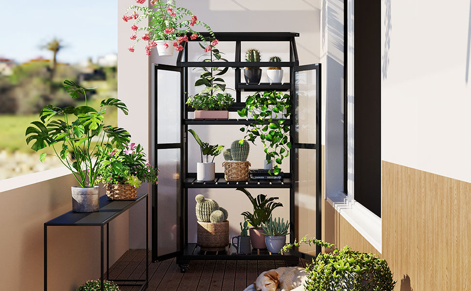 62Inch Height Wood Large Greenhouse Balcony Portable Cold Frame With Wheels And Adjustable Shelves For Outdoor Indoor Use, Black Black Garden & Outdoor Casual Wood Solid Wood