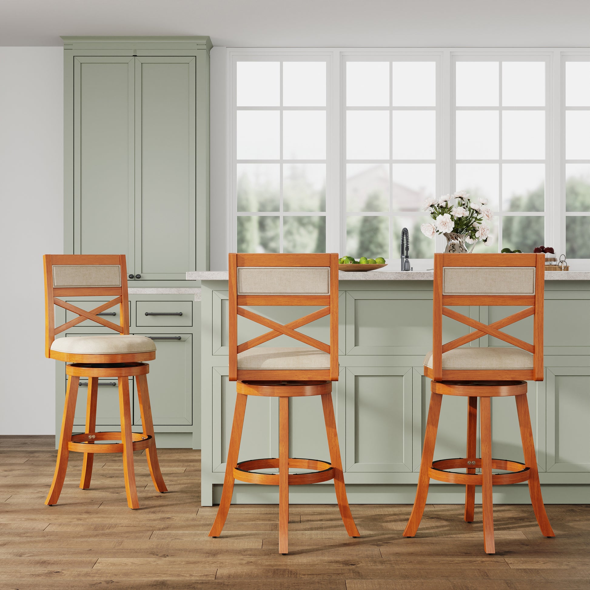 30" Bar Height X Back Swivel Stool, Natural Finish, Beige Fabric Seat Natural Fabric