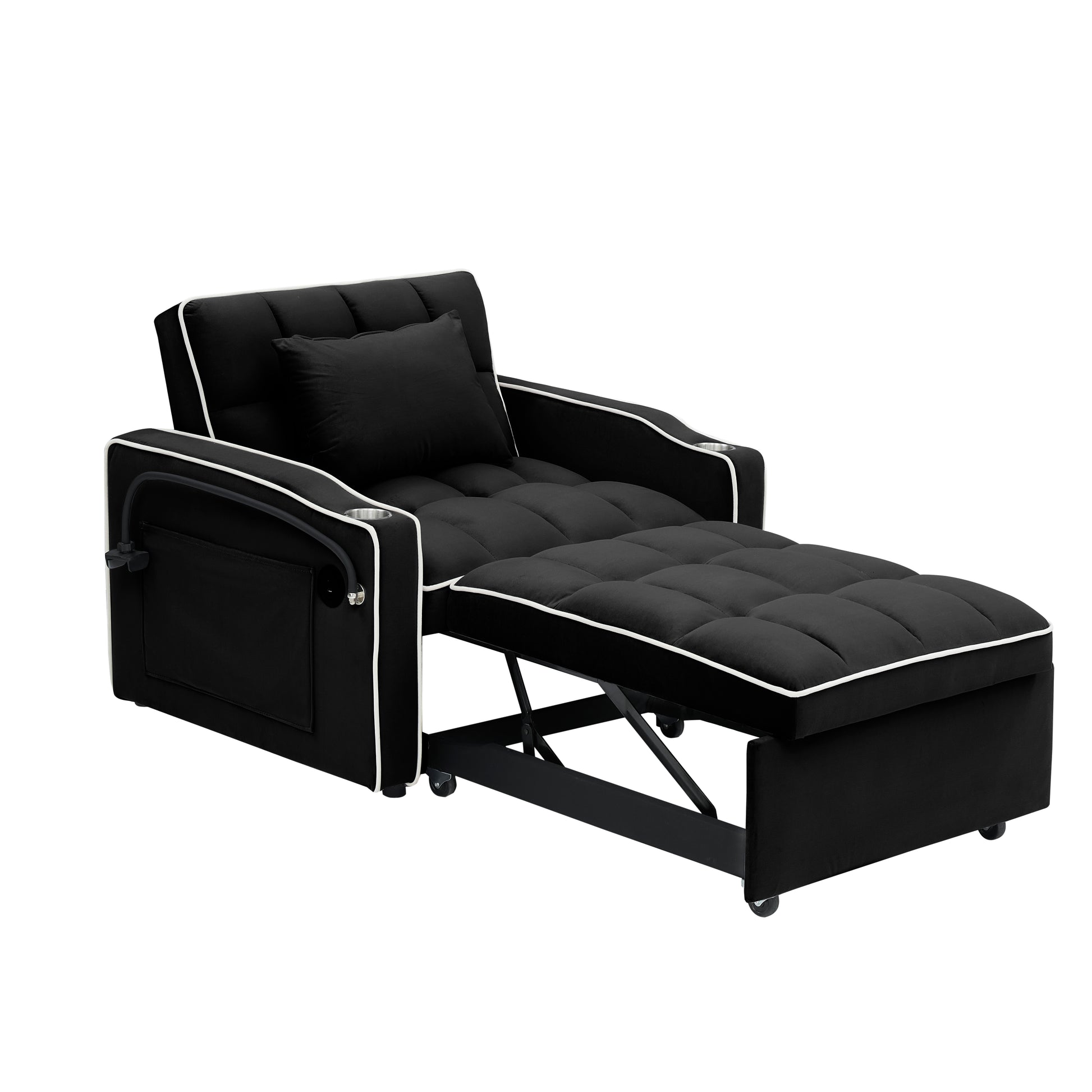 1 Versatile Foldable Sofa Bed In 3 Lengths, Modern Sofa Sofa Sofa Velvet Pull Out Bed, Adjustable Back And With Usb Port And Ashtray And Swivel Phone Stand Black Black Velvet Wood Primary Living