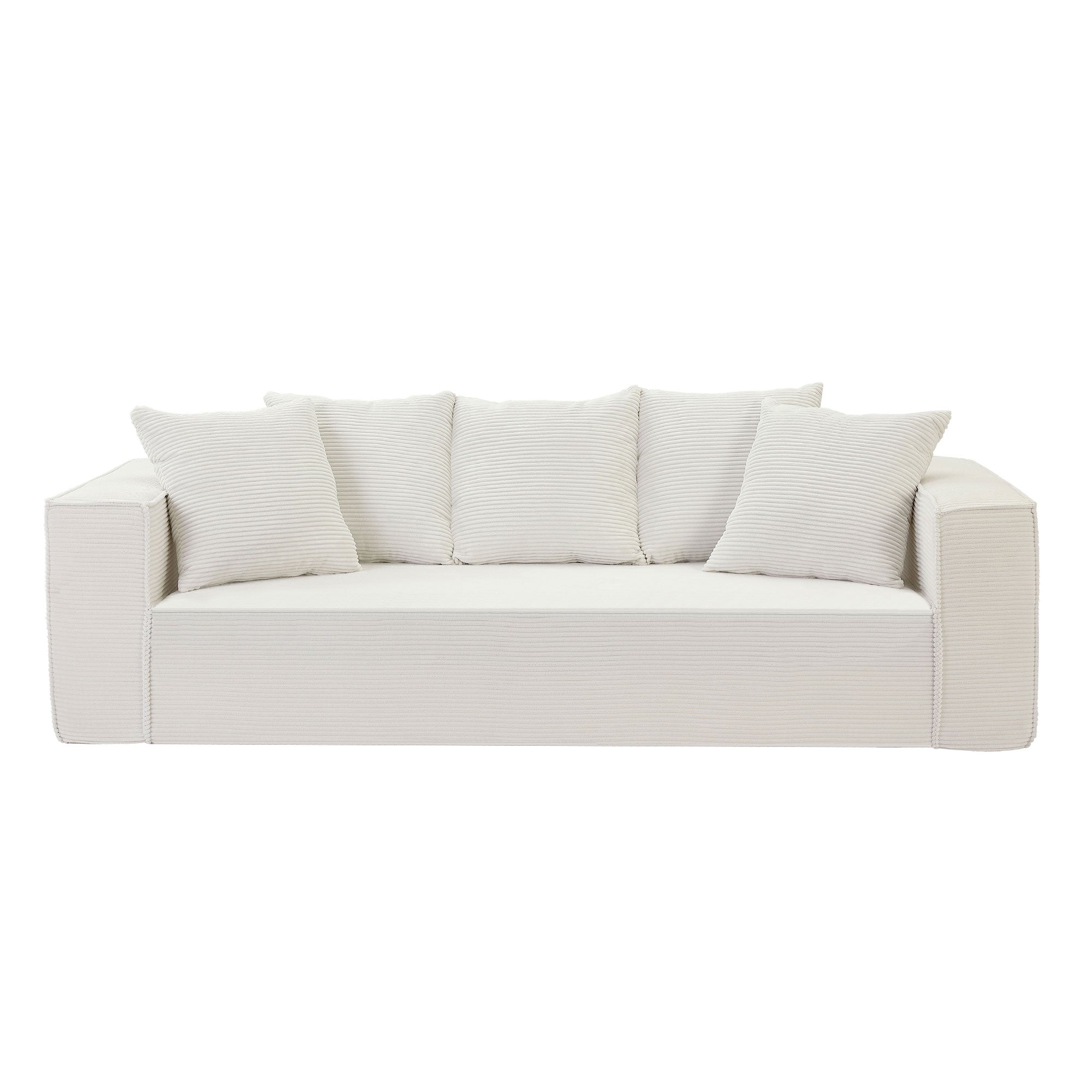 88.97Inch Corduroy Sofa With 5 Matching Toss Pillows, Sleek Design, Spacious And Comfortable 3 Seater Couch For Modern Living Room.White White Corduroy 3 Seat