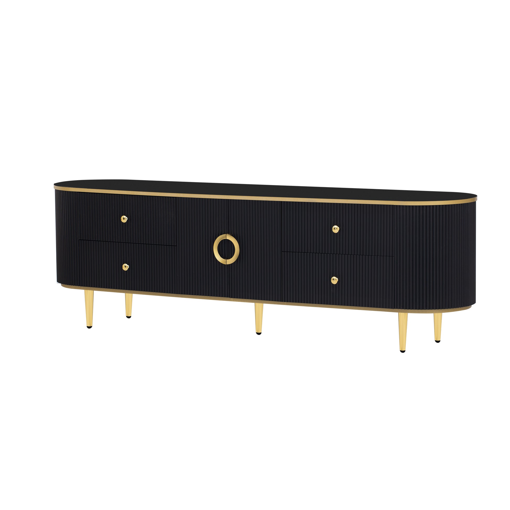 Modern Tv Stand For Tvs Up To 80 Inches, Entertainment Center With 4 Drawers And 1 Cabinet, Wood Tv Console Table With Metal Legs And Handles For Living Room Black 70 79 Inches Mdf