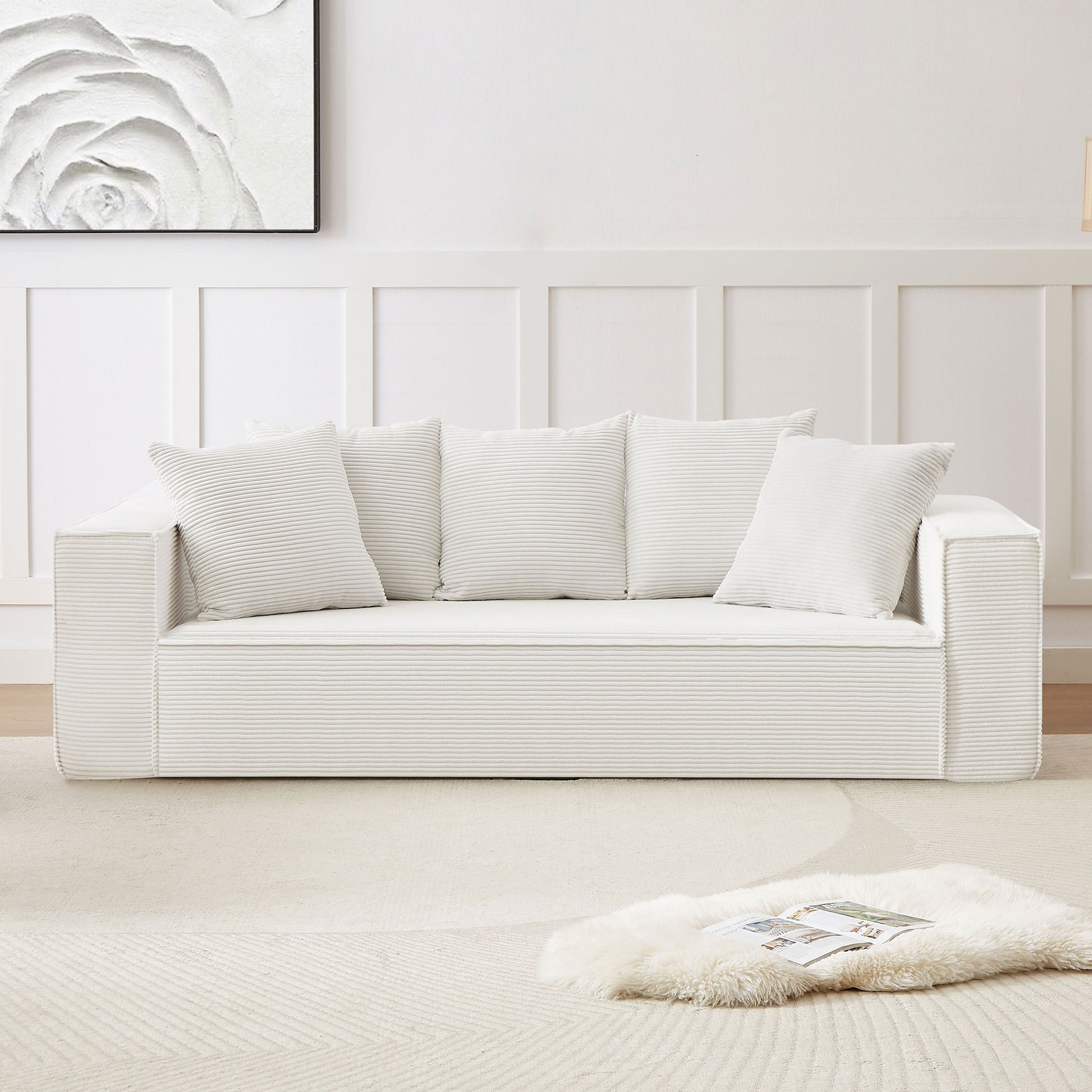 88.97Inch Corduroy Sofa With 5 Matching Toss Pillows, Sleek Design, Spacious And Comfortable 3 Seater Couch For Modern Living Room.White White Corduroy 3 Seat