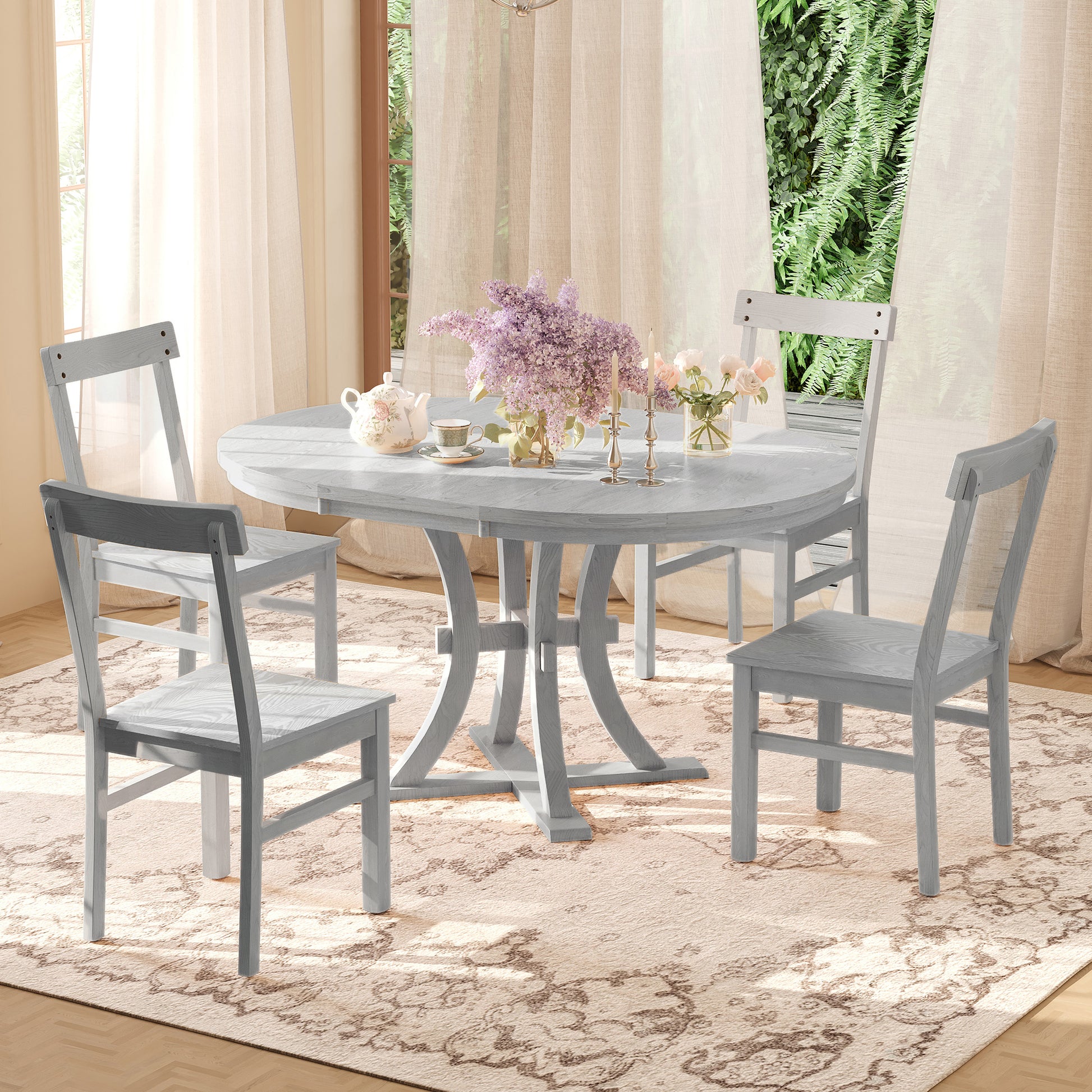 5 Piece Rustic Round Pedestal Extendable Dining Table Set With 15.7" Removable Leaf And Simple Dining Chirs For Small Places, Gray Gray Wood Dining Room Extendable Rubberwood Oval Dining Table With Chair Wood Wood Gray Seats 4 Removable Leaf Farmhouse