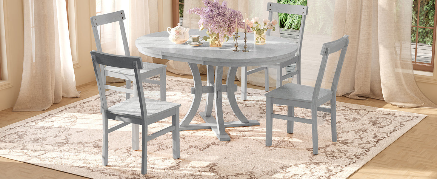 5 Piece Rustic Round Pedestal Extendable Dining Table Set With 15.7" Removable Leaf And Simple Dining Chirs For Small Places, Gray Gray Wood Dining Room Extendable Rubberwood Oval Dining Table With Chair Wood Wood Gray Seats 4 Removable Leaf Farmhouse