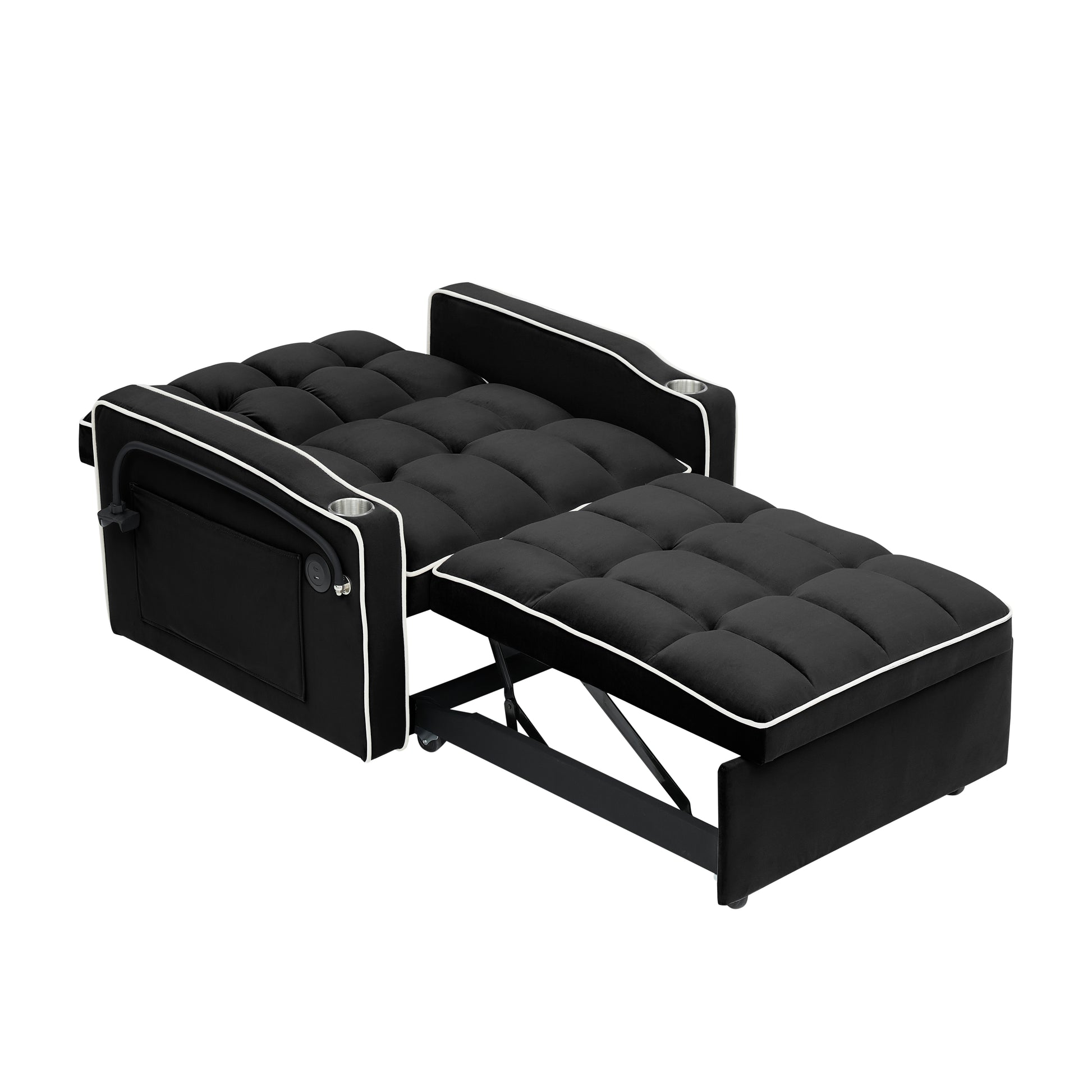 1 Versatile Foldable Sofa Bed In 3 Lengths, Modern Sofa Sofa Sofa Velvet Pull Out Bed, Adjustable Back And With Usb Port And Ashtray And Swivel Phone Stand Black Black Velvet Wood Primary Living