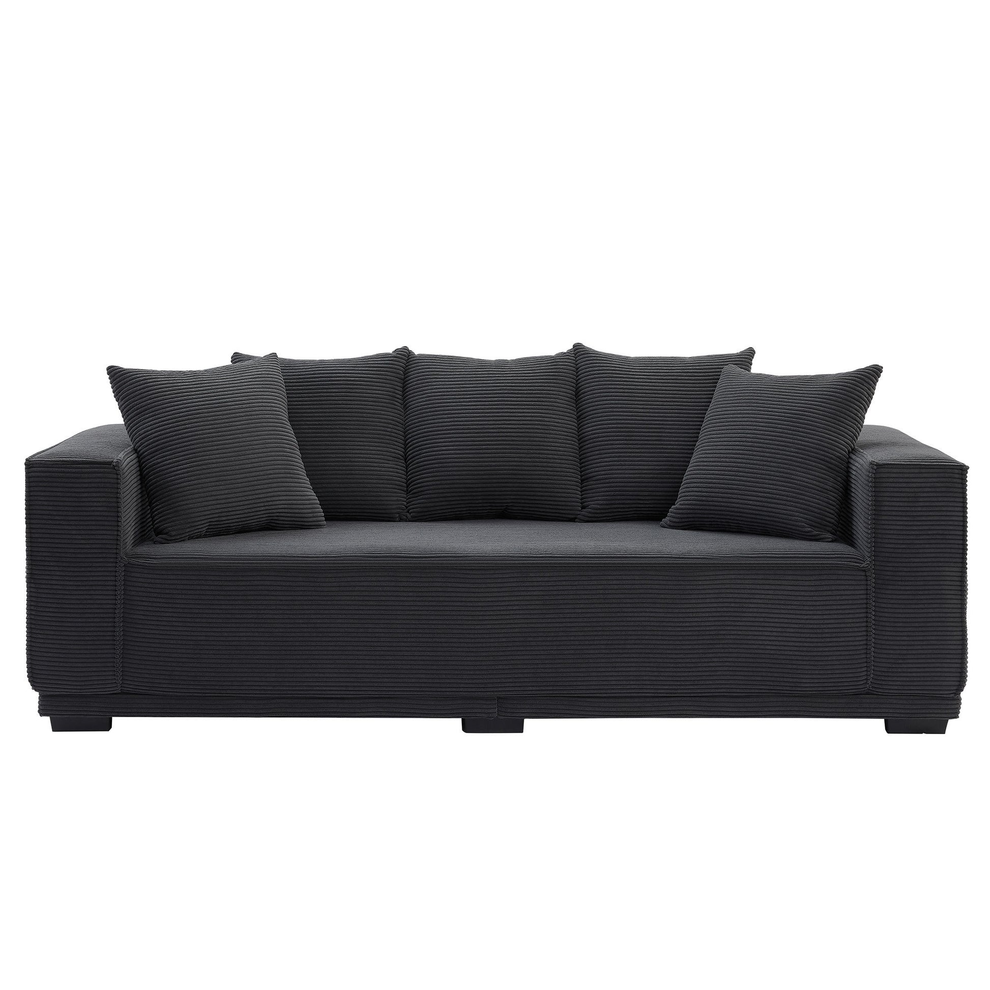 88.97'' Mid Century Modern Upholstered Sofa With 5 Matching Toss Pillows, Including Bottom Frame,Comfy Couches For Living Room, Bedroom, Apartment And Office.Black Black Corduroy 3 Seat