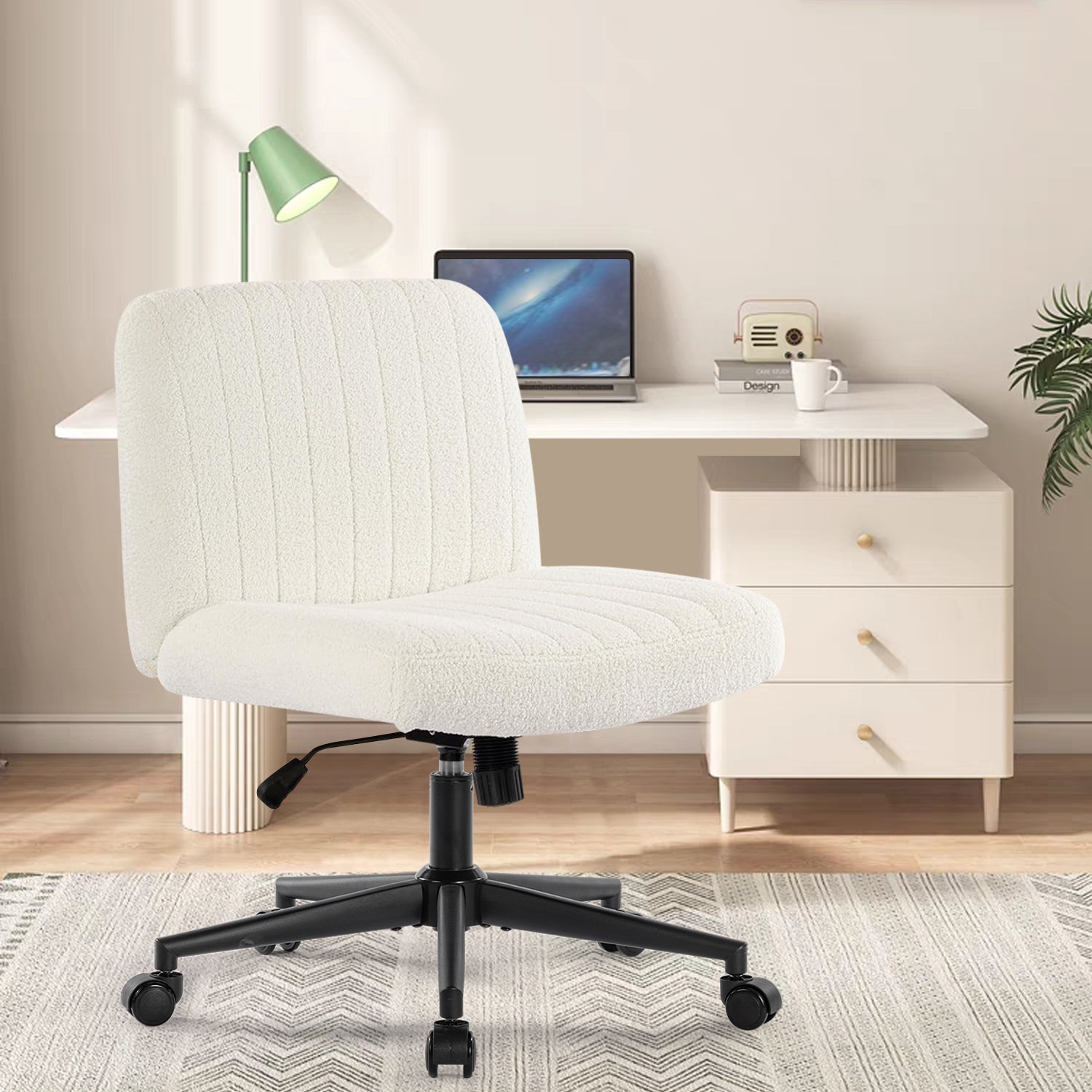 Office Chair With Wheels, Armless Office Chair, Teddy Velvet Wide Seat Home Office Chair, Cute Computer Chair With 15 Swing Backrest, Suitable For Bedrooms And Dressing Tables Wood White Handle