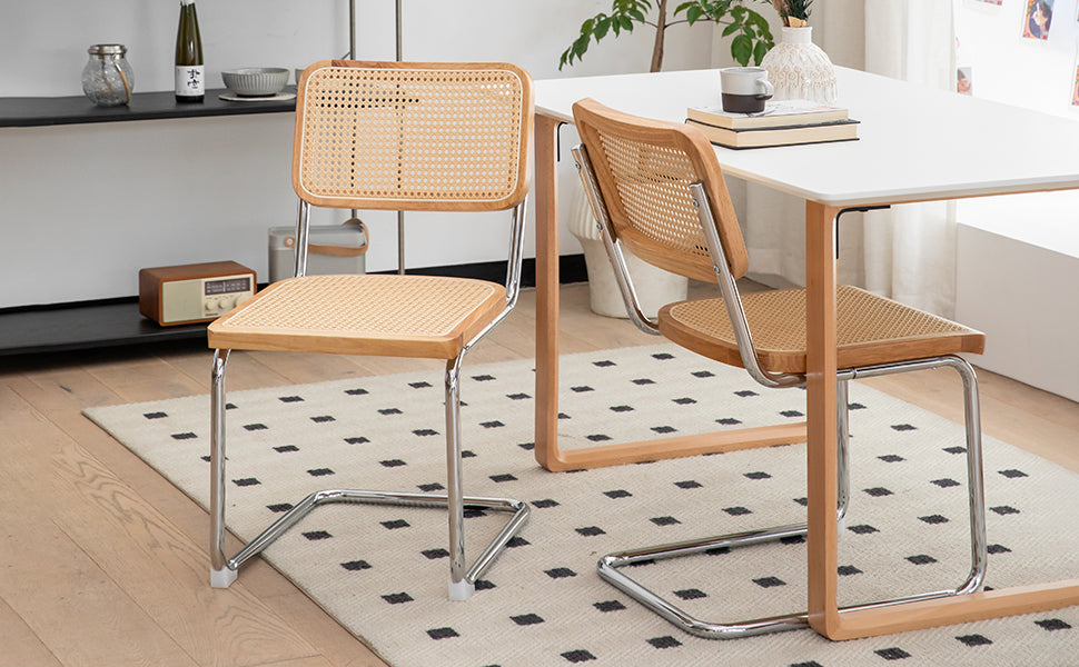 Dining Chairs Set Of 2, Velvet Rattan Side Accent Chairs With Chrome Legs, Modern Mid Century Breuer Designed Chairs, Upholstered Dining Living Room Kitchen Chairs Burly Wood Wood Stainless Steel